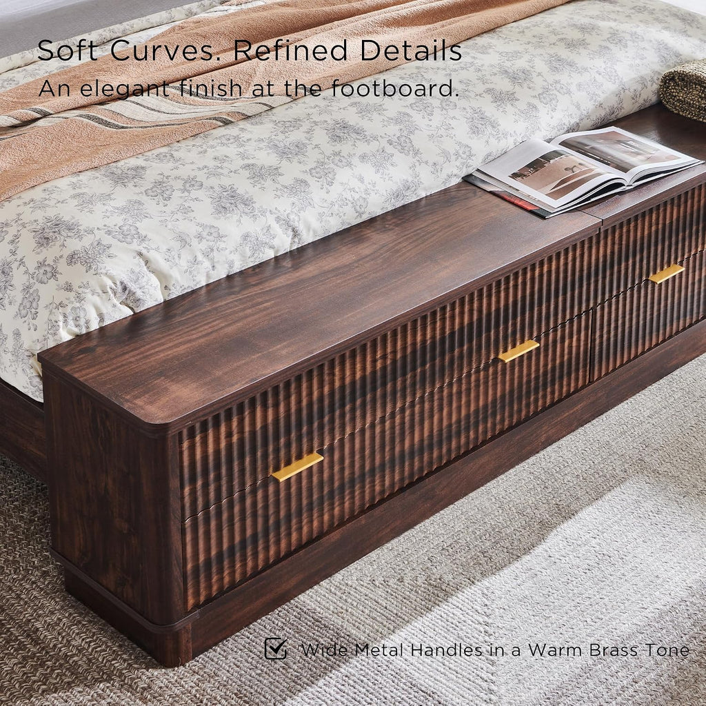T4TREAM Fluted King Size Bed Frame with Wingback Headboard, Footboard Storage Bench with Built-in Drawers & Lift-Up Compartments, Wood & Steel Platform Bed, No Box Spring Needed, Dark Walnut