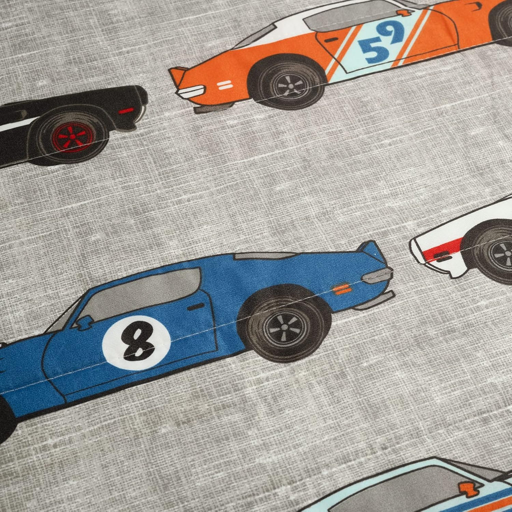Lush Decor Race Car Kids' 7-Piece Oversized Quilt Bed Set, Reversible Bedding Set for Boys, Blue & Orange, Full/Queen