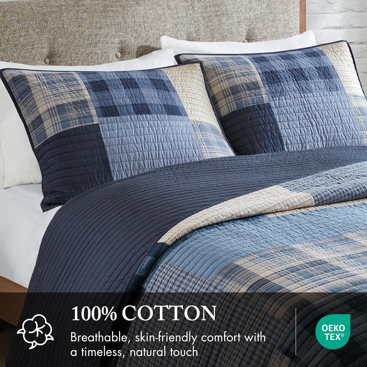 Woolrich Winter Hills Reversible Quilt Set - Cottage Styling Reversed to Solid Color, All Season Lightweight Coverlet, Cozy Bedding Layer, Matching Shams, Oversized Full/Queen, Plaid Blue 3 Piece