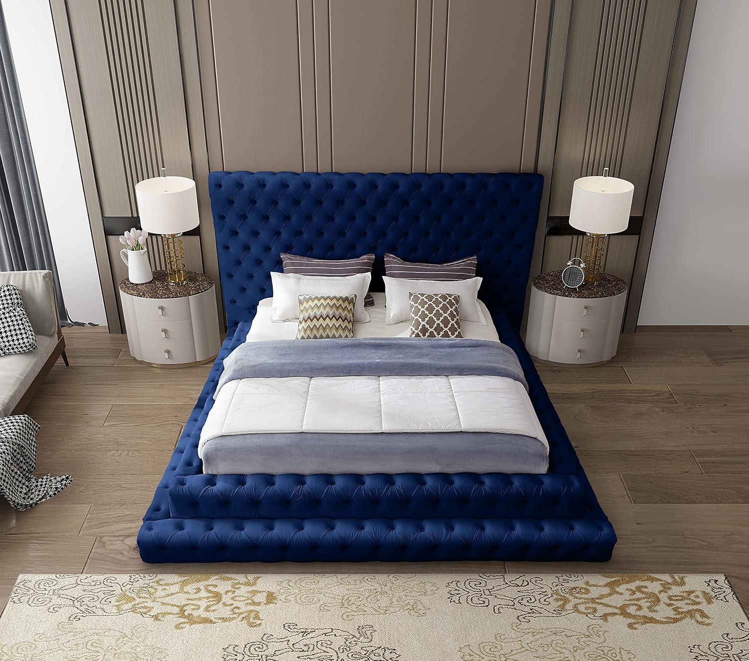 Meridian Furniture RevelNavy-Q Revel Collection Modern | Contemporary Navy Velvet Upholstered Bed with Deep Button Tufting, 85' W x 98' D x 60' H, Navy, Queen
