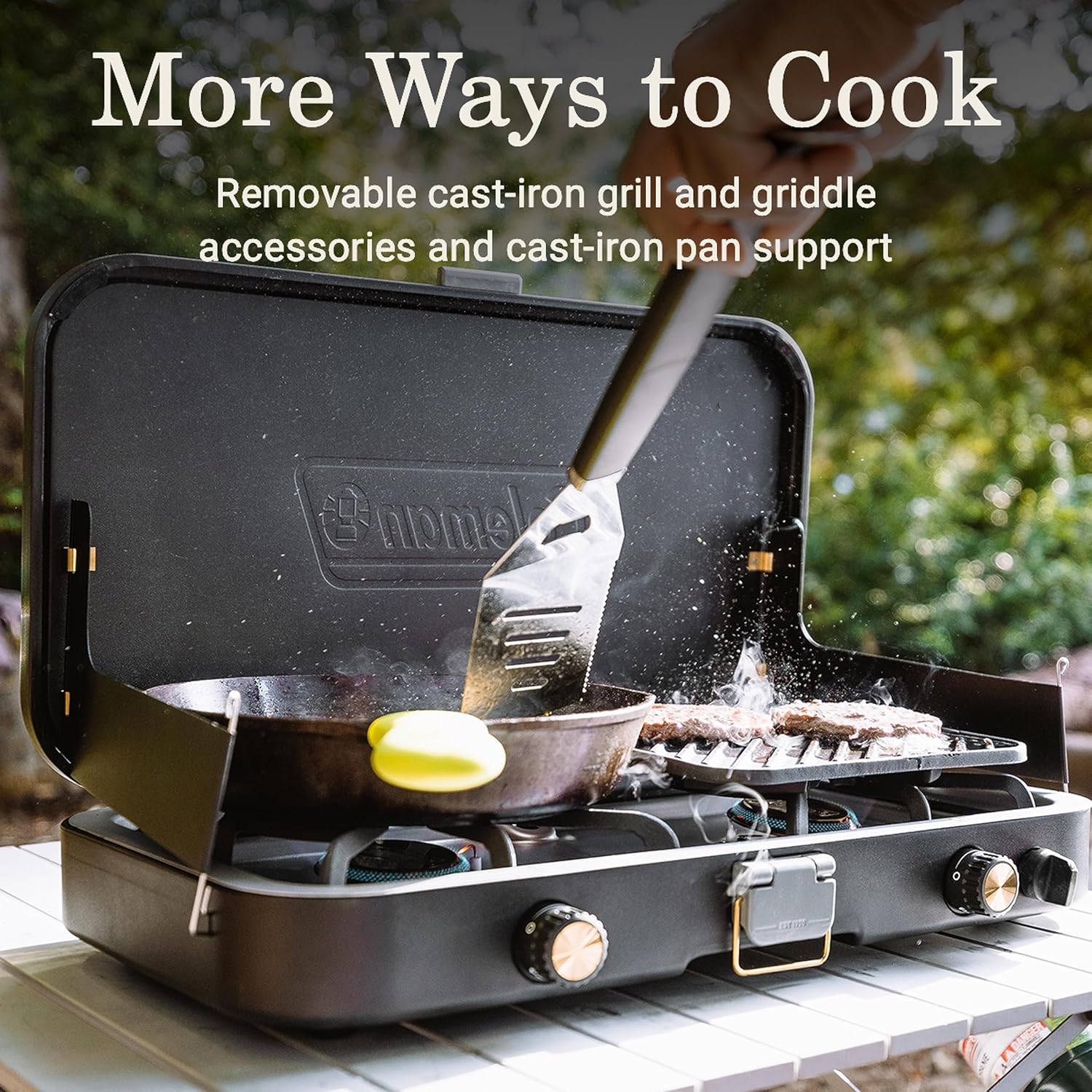 Coleman 1900 Collection 3-in-1 Propane Camping Stove, Cast Iron Grill & Griddle Accessories Included, 24,000 BTUs Across 2 Adjustable Burners with Wind Guards & Matchless Lighting