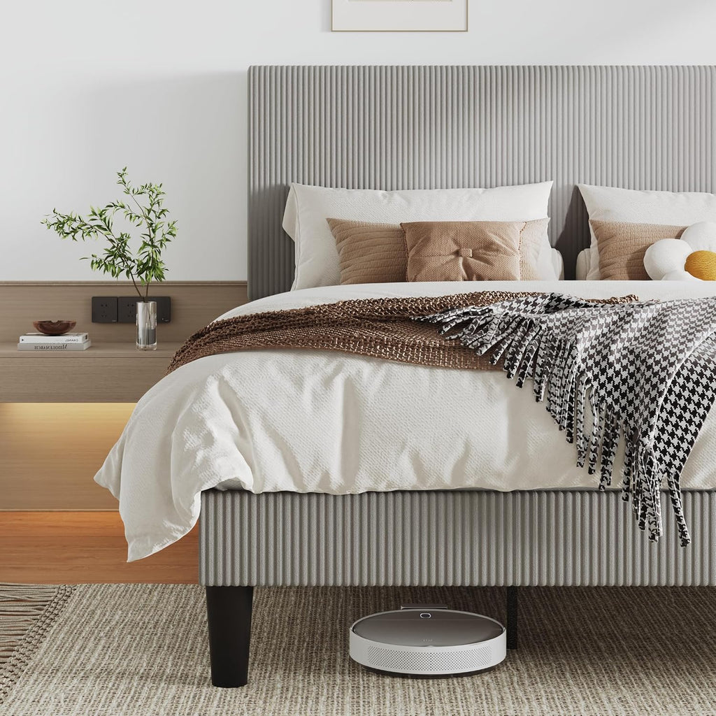 Allewie King Size Upholstered Bed Frame with Vertical Channel Tufted Headboard, Soft Corduroy Fabric Platform Bed, Strong Wooden Slats Support, Easy Assembly, No Box Spring Needed, Light Grey