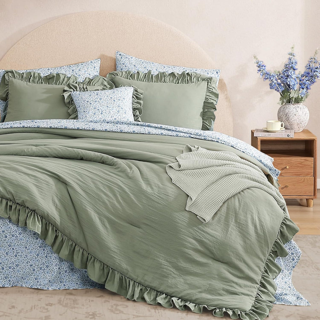 BLOOMHAVEN Oversized King Comforter Set - 7 Pieces Ruffle Sage Leaf Bedding Sets, Shabby Chic Farmhouse Bed in a Bag with Ruffle Comforter, Floral Sheets, Pillowcases & Shams