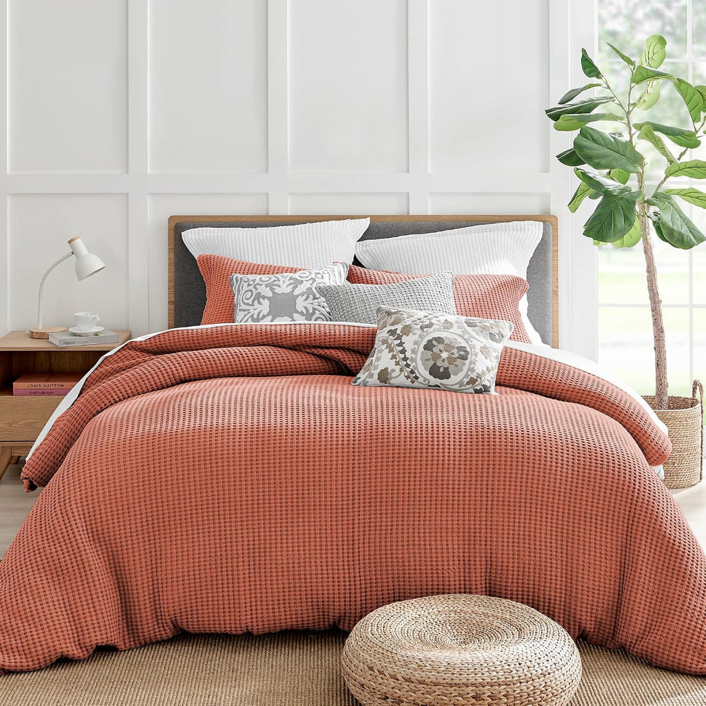 Levtex Home Mills Waffle Queen Duvet Cover Set (90x94in) with 2 Pillow Shams (26x20in) - Adobe - 100% Cotton Queen Size Duvet Cover Set - Soft, Pre-Washed