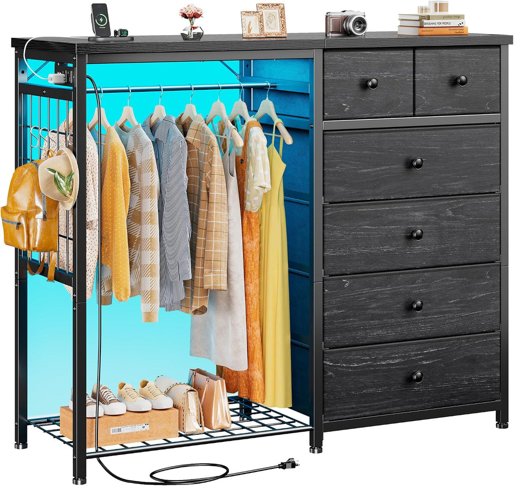 EnHomee 49.2' W Dresser for Bedroom with Hanging Rack 6 Drawers Dresser with LED Lights & Charging Station, Fabric Dressers & Chest of Drawers with 4 Hooks, Wooden Top, Grid Panel, Black