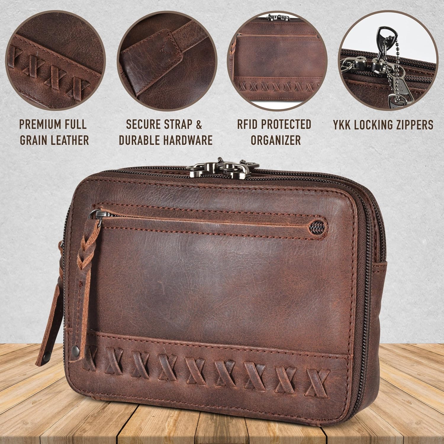 Lady Conceal Kailey Concealed Self Defence Waist Bag by Lady Conceal - Buffalo or Suede Cowhide Leather, 3 Open Sides and Locking Zippers with Universal Holster (Mahogany) - 8' L x 5.5' H x 2.25'