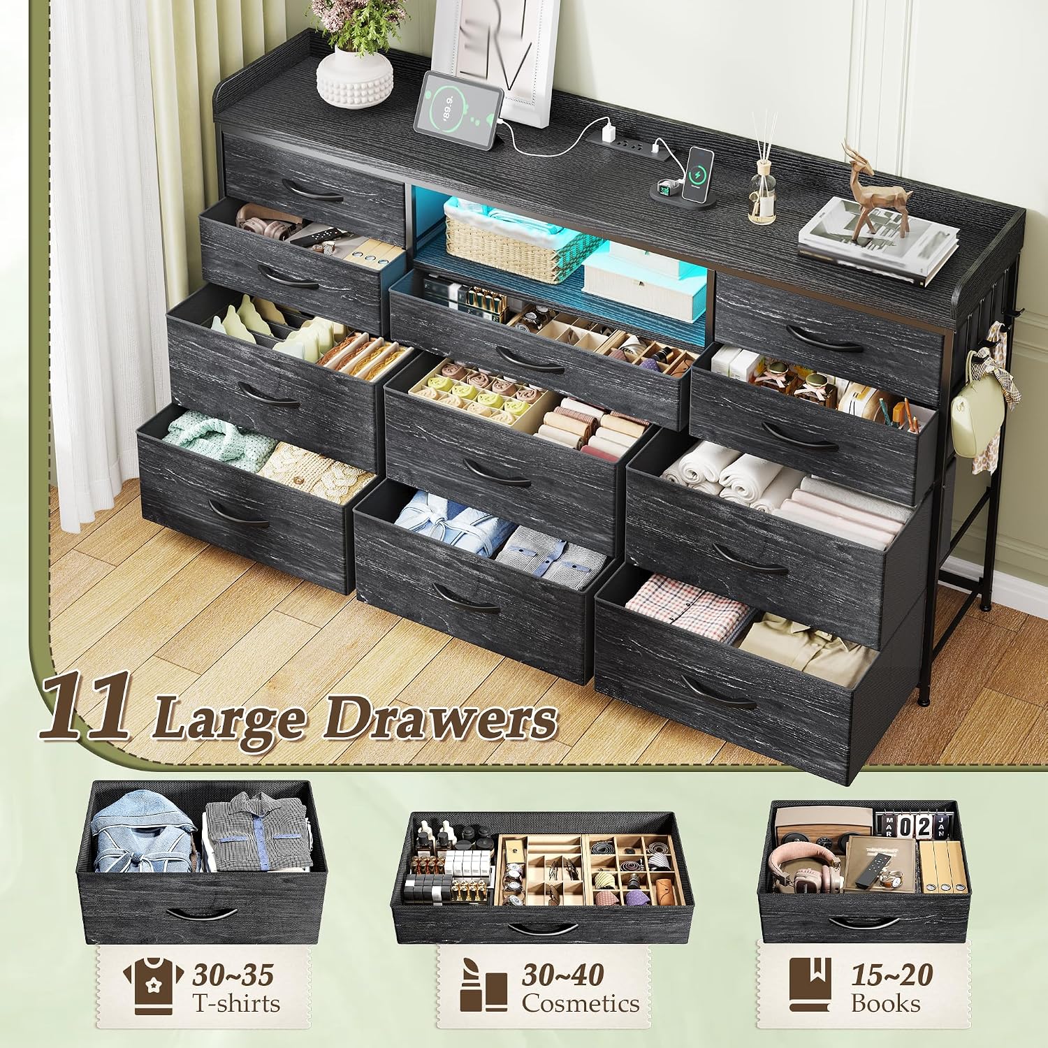 Black Dresser for Bedroom with LED Lights & Charging Station & 4 Hooks 11 Drawer Dressers & Chests of Drawers Long Fabric Dresser TV Stand for 50 55 60 inch TV for Entryway 11.8'D x 47.2'W x 31.5'H
