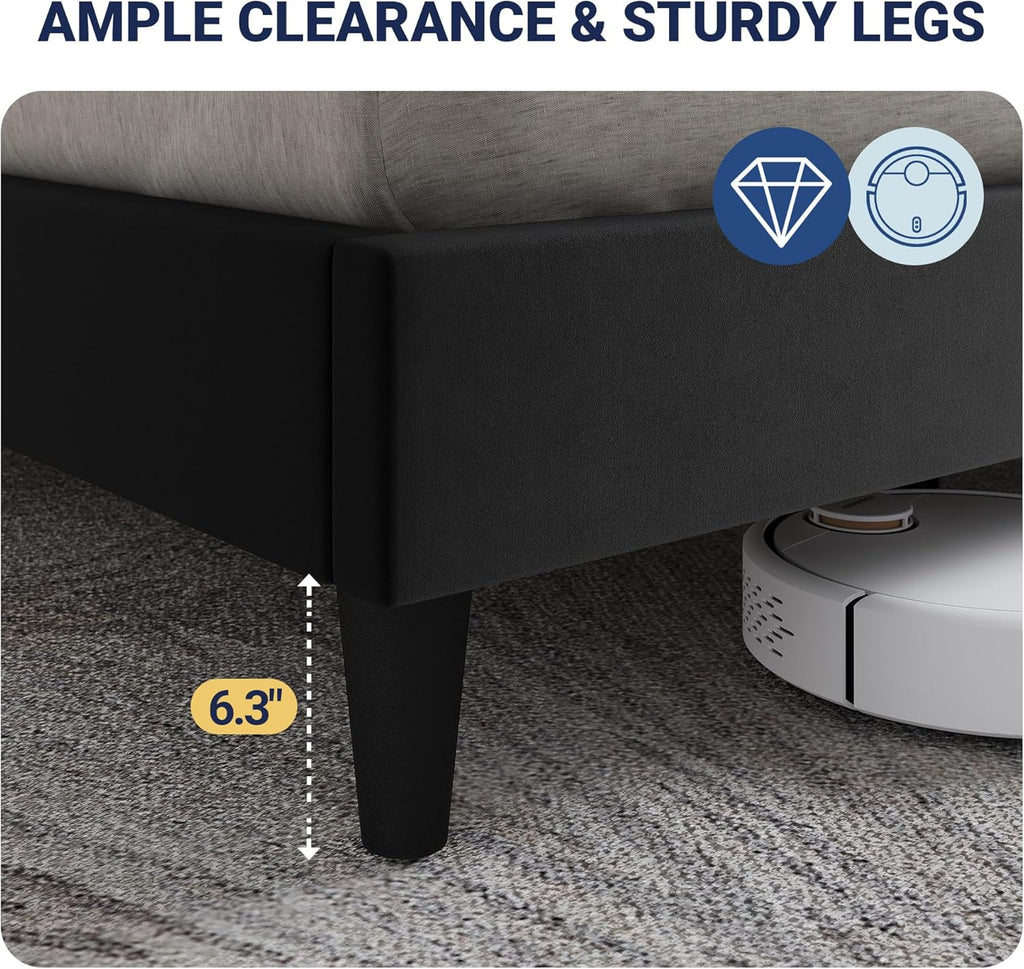 Allewie Velvet King Size Upholstered Bed Frame with Wingback Storage Headboard & Charging Station, Platform Bed with Diamond Tufted Design & Gold Trim, No Box Spring Needed, Easy Assembly, Black