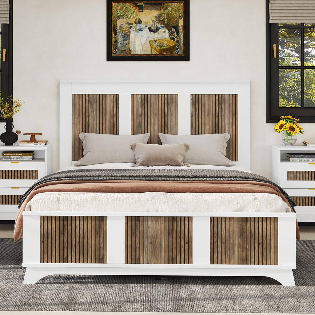Merax Queen Size Farmhouse Wooden Platform Bed,Modern Bed Frame with Wooden Strip Decoration Headboard and Footboard, Plywood Slats Support, No Box Spring Required, White