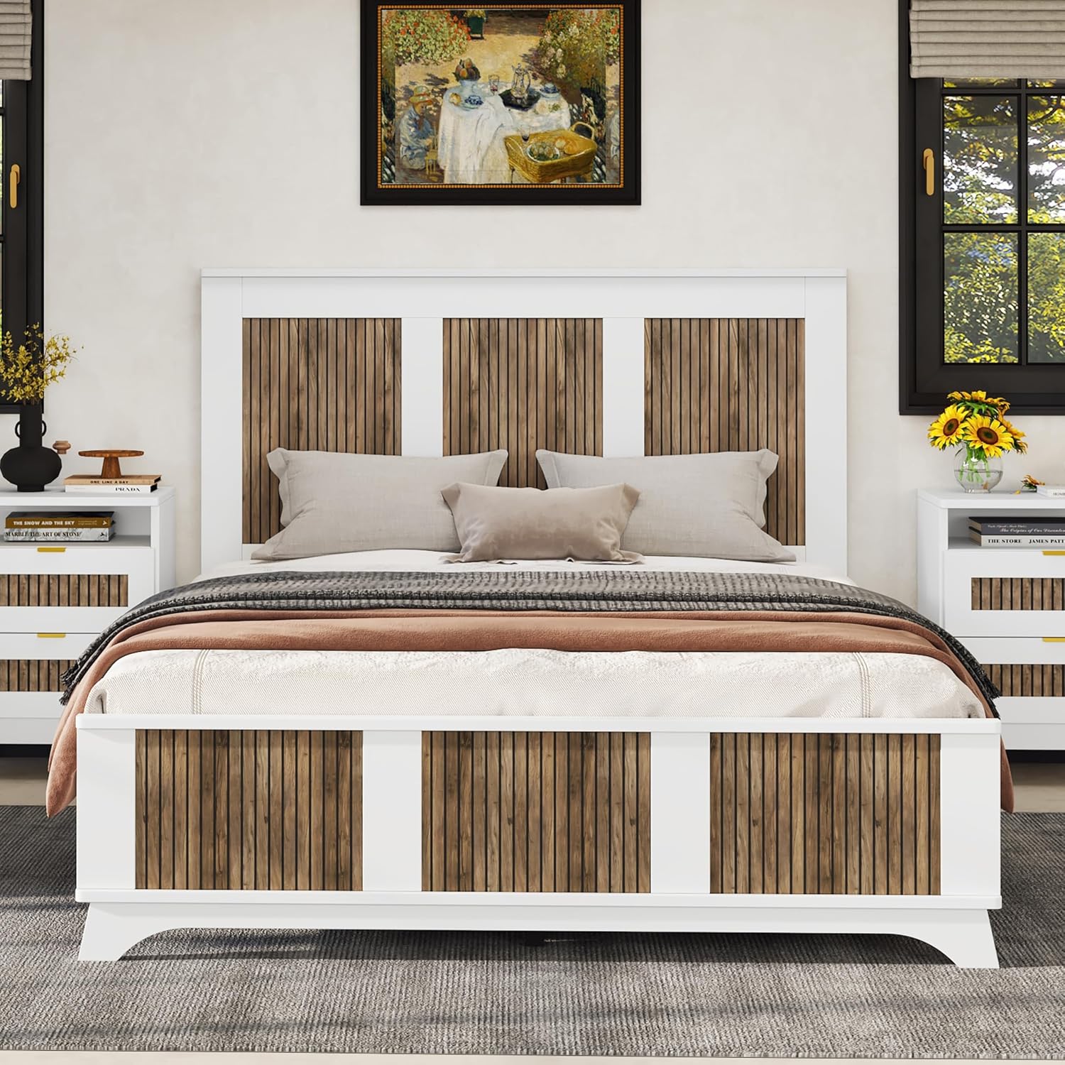 Merax Queen Size Farmhouse Wooden Platform Bed,Modern Bed Frame with Wooden Strip Decoration Headboard and Footboard, Plywood Slats Support, No Box Spring Required, White