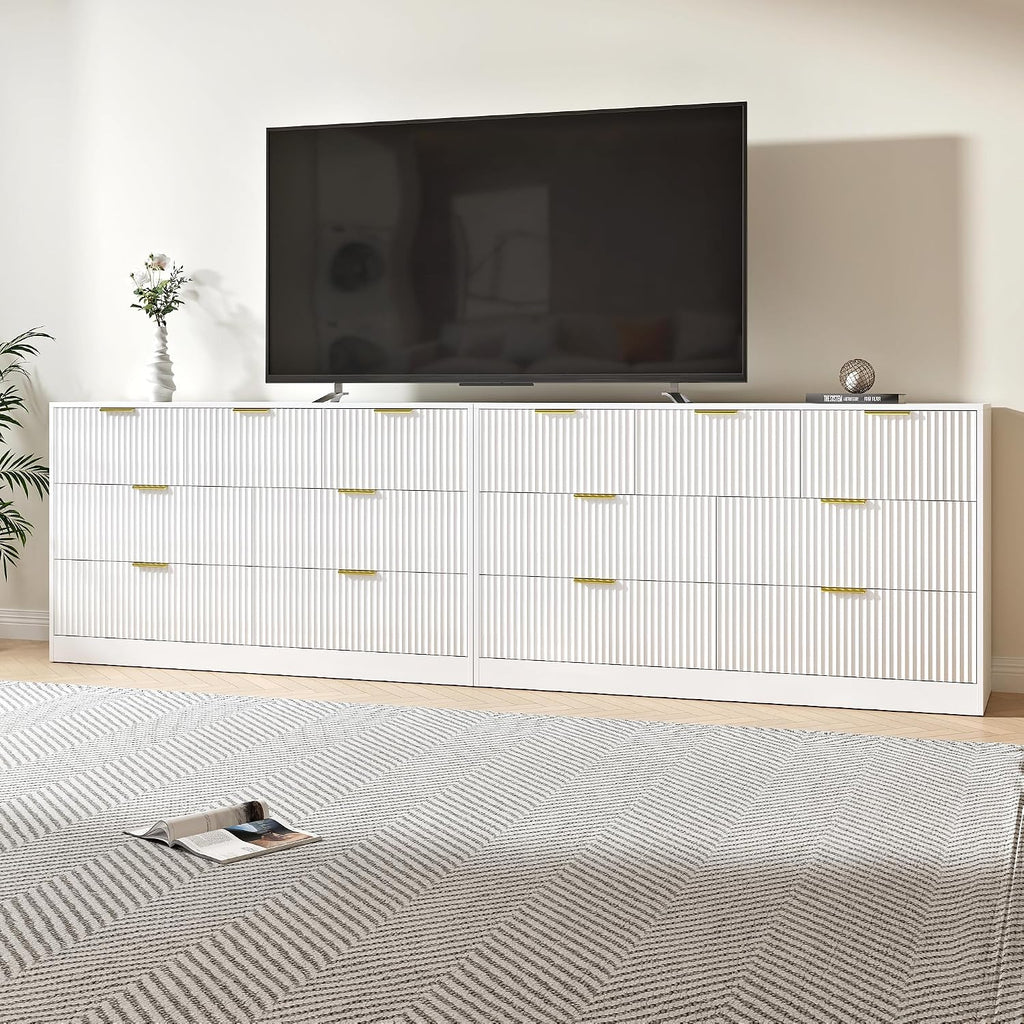 White Dresser Set of 2, Long Dresser for Bedroom Wooden with 14 Drawers, Fluted Modern Bedroom Furniture Set, TV Stand Dressers & Chests of Drawers for Closet (15.7'D x 110.2'W x 31.8'H)