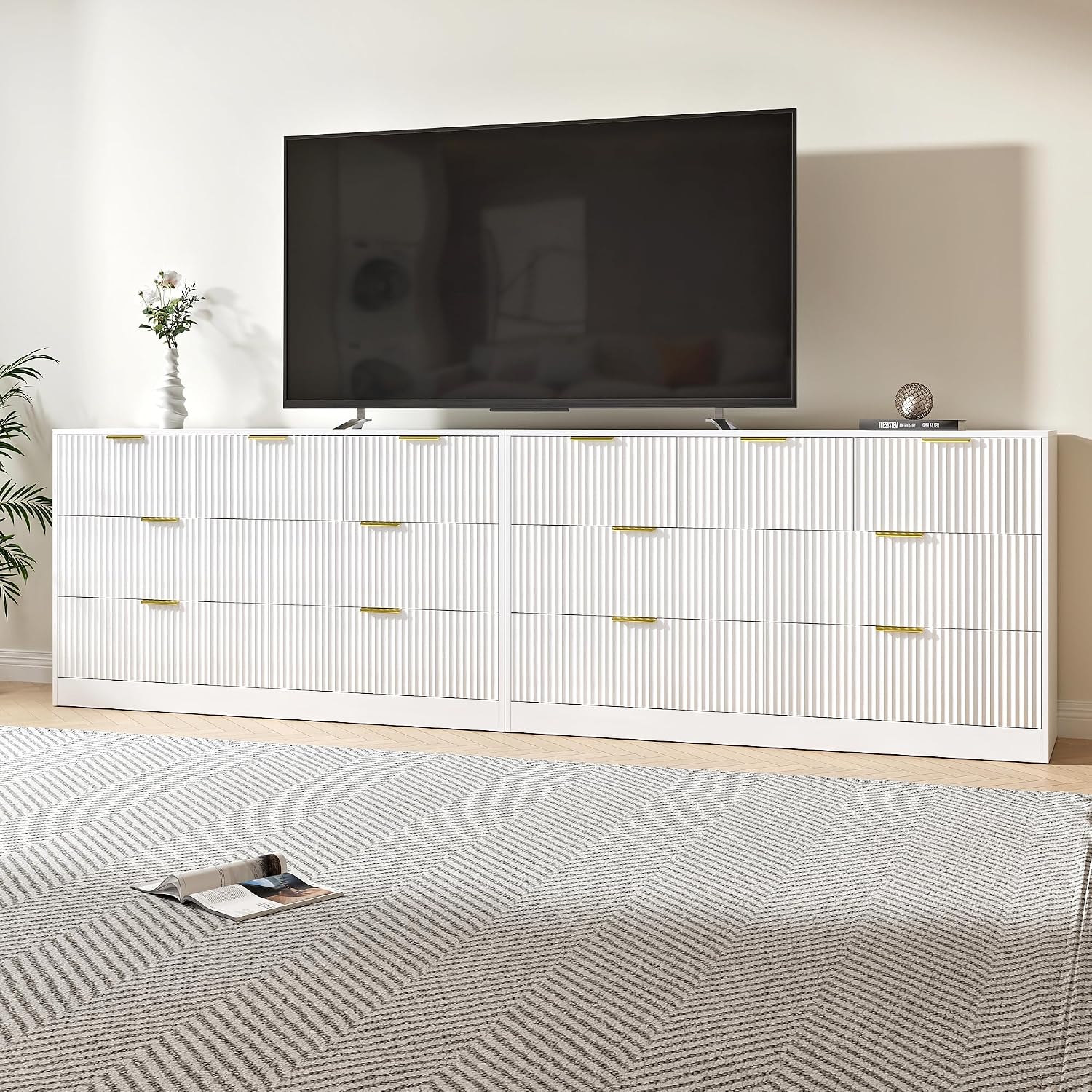 White Dresser Set of 2, Long Dresser for Bedroom Wooden with 14 Drawers, Fluted Modern Bedroom Furniture Set, TV Stand Dressers & Chests of Drawers for Closet (15.7'D x 110.2'W x 31.8'H)