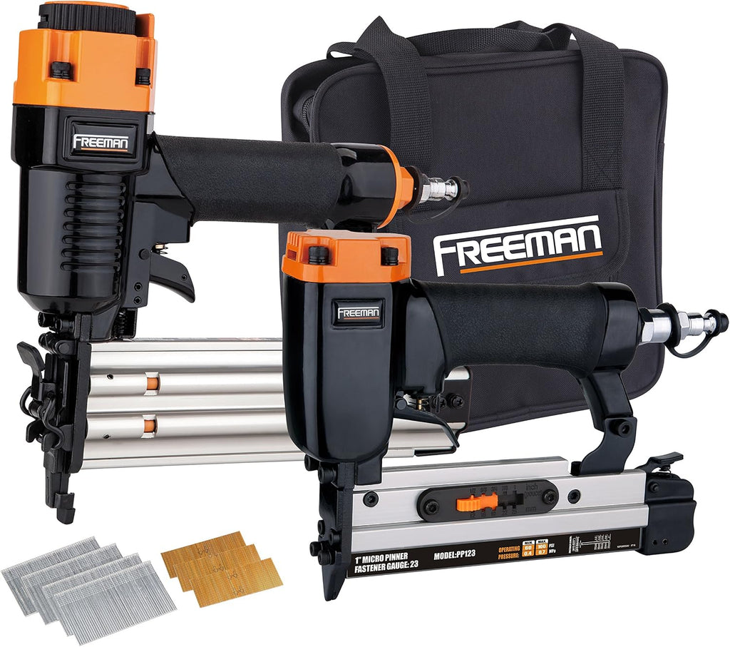 Freeman PPPBRCK Pneumatic Brad Nailer and Pinner Finish Kit with Nails and Canvas Storage Bag Ergonomic and Lightweight Brad and Pin Gun Set for Finish and Trim