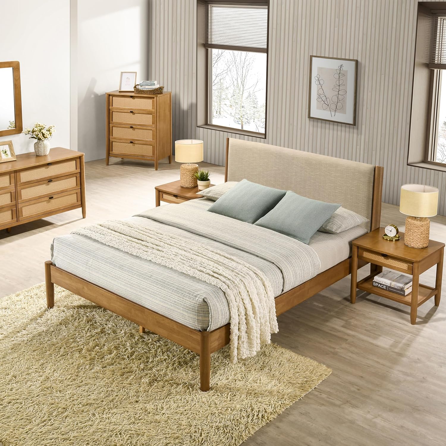Roundhill Furniture Vichy 6-Piece Rubberwood Bedroom Set with Textured Polyester Upholstered King Bed, Dresser, Mirror, 2 Nightstands, and Chest