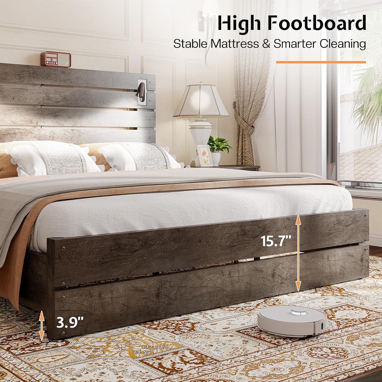 Jocisland King Size Farmhouse Bed Frame with 51' Barn Door Headboard, LED Reading Lights, Platform Bed Frame with Wood Slats, Under Bed Storage Space, Noisy Free, Easy Assembly, Rustic Gray
