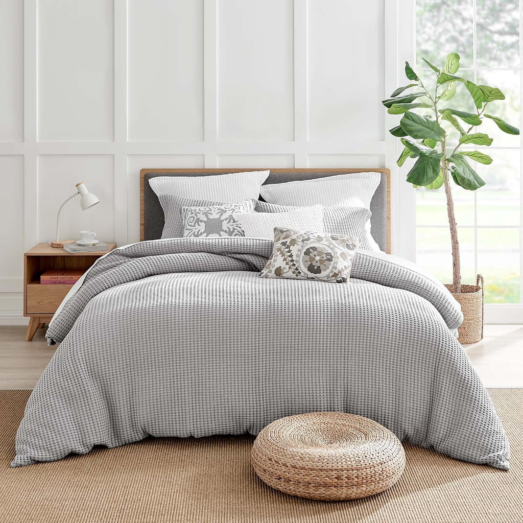 Levtex Home Mills Waffle Queen Duvet Cover Set (90x94in) with 2 Pillow Shams (26x20in) - Grey Pewter - 100% Cotton Queen Size Duvet Cover Set - Soft, Pre-Washed