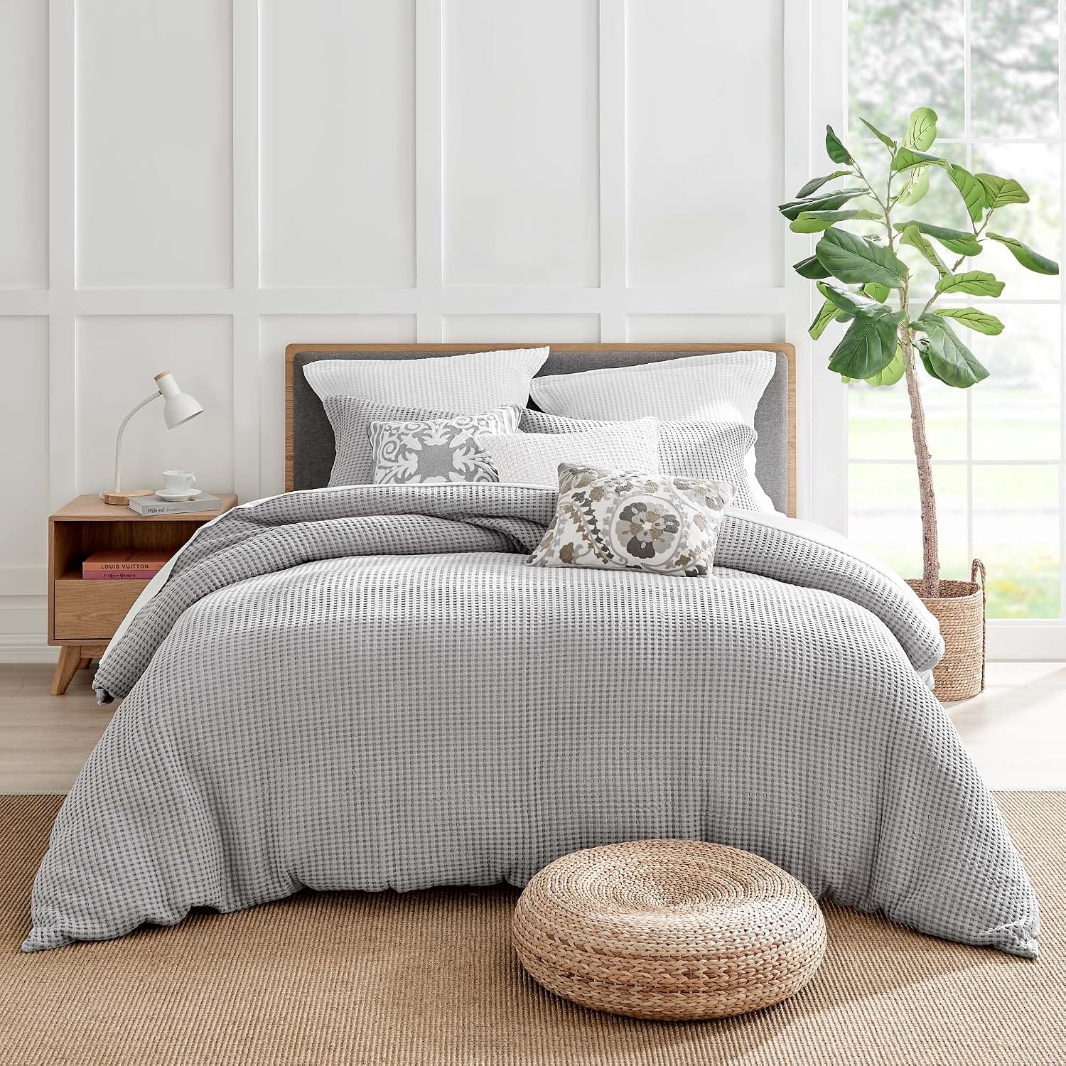 Levtex Home Mills Waffle Queen Duvet Cover Set (90x94in) with 2 Pillow Shams (26x20in) - Grey Pewter - 100% Cotton Queen Size Duvet Cover Set - Soft, Pre-Washed
