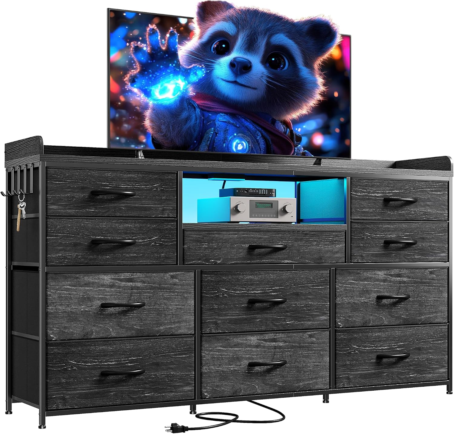 EnHomee Dresser TV Stand with 11 Drawers, 60' TV Stand with LED Lights & Power Outlets, Long Dresser for Bedroom with Shelves & 4 Hooks for Dorm, Hallway, Charcoal Black