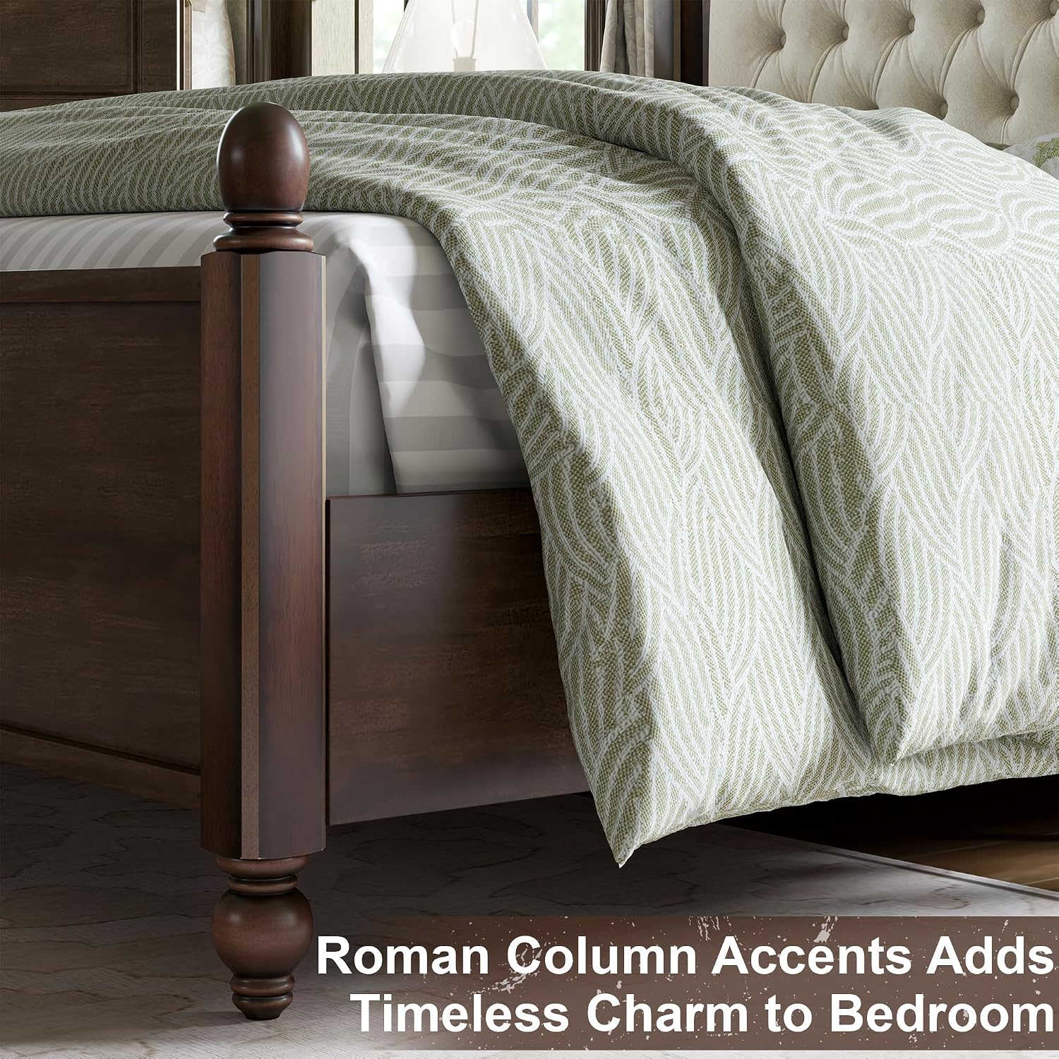AMERLIFE Solid Wood Bed Frame Queen Size, Transitional Platform Bed with 52.5' Upholstered Tufted Headboard, Rubberwood/Roman Column Accents/Wood Slat Support/No Box Spring Needed