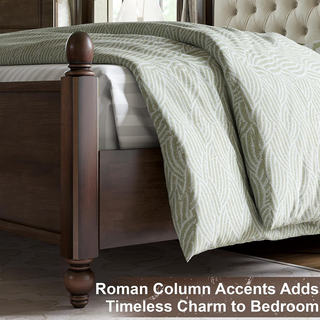 AMERLIFE King Size Solid Wood Bed Frame, Transitional Platform Bed with 52.5' Upholstered Tufted Headboard, Rubberwood/Roman Column Accents/Wood Slat Support/No Box Spring Needed