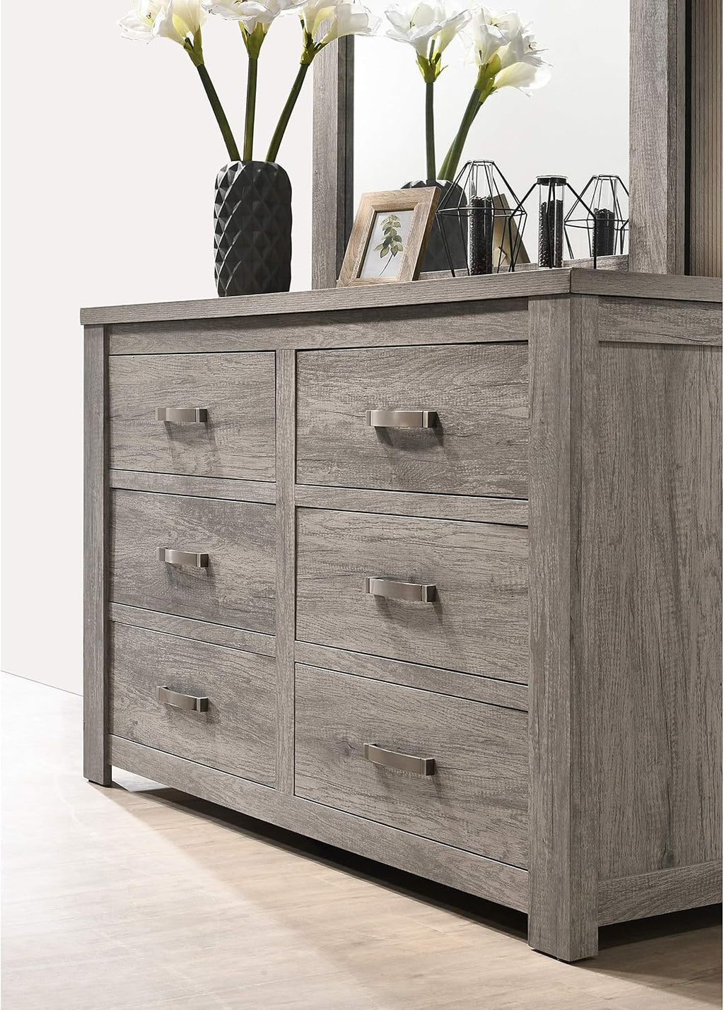 Roundhill Furniture Floren Contemporary Weathered Gray Wood Bedroom Set, Queen Panel Bed, Dresser, Mirror, Two Nightstands