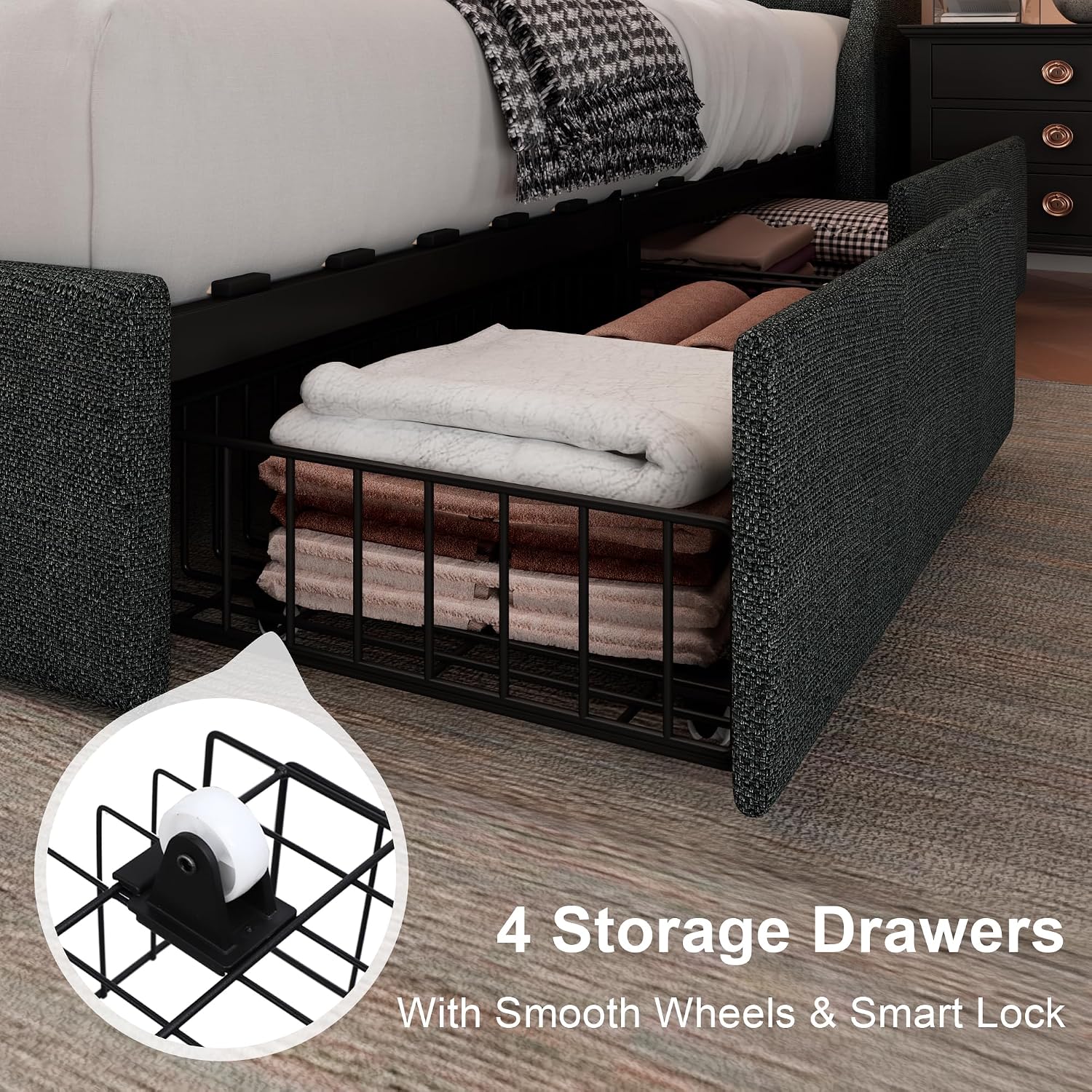 Feonase King Size Bed Frame with 4 Storage Drawers, Upholstered Storage Bed with Charging Station, Tufted Wingback Headboard, No Box Spring Needed, Dark Grey