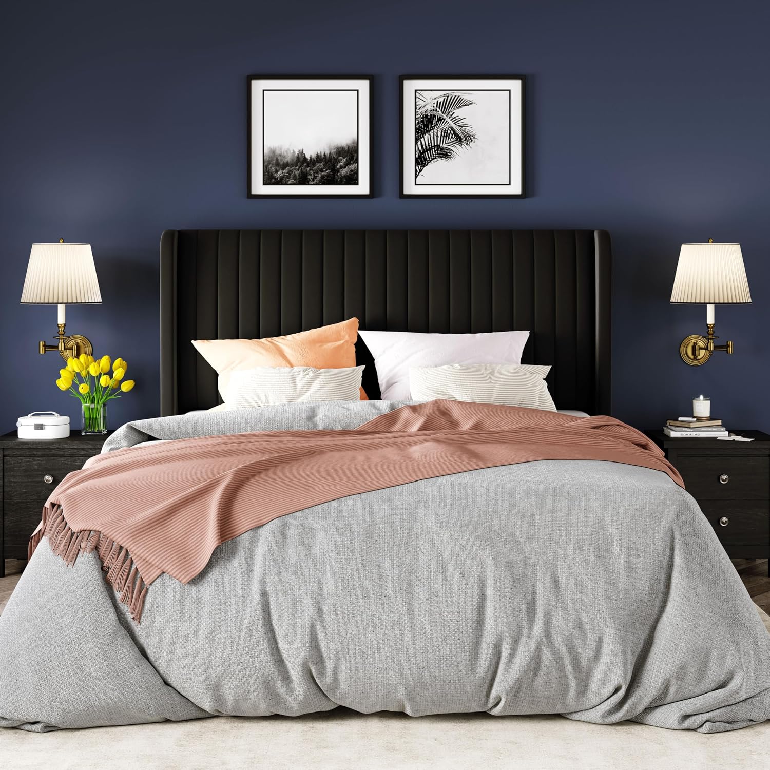 Allewie Full Size Velvet Bed Frame/Vertical Channel Tufted Wingback Headboard/Upholstered Platform Bed/Strong Wooden Slats/No Box Spring Needed/Easy Assembly/Black