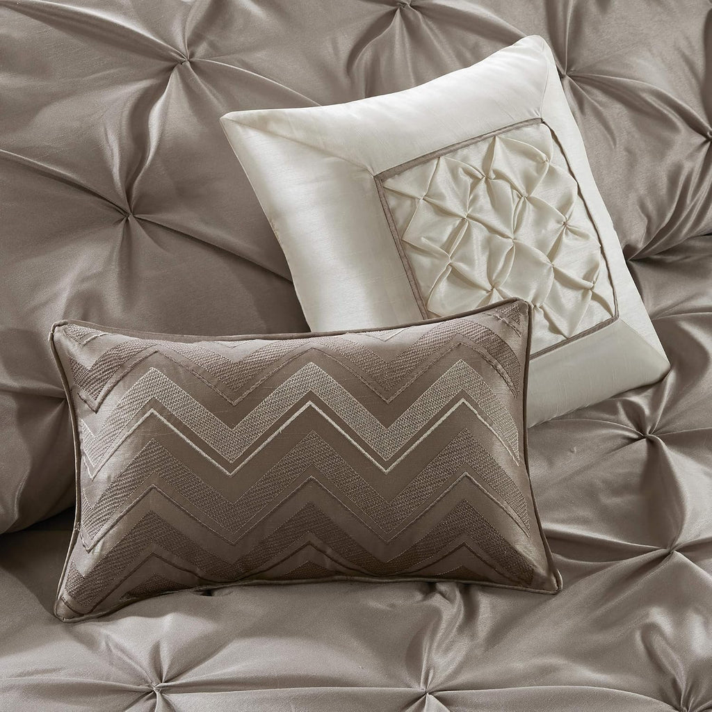 Madison Park Essentials Room in a Bag Faux Silk Comforter Set - Luxe Diamond Tufting All Season Bedding, Matching Curtains, Decorative Pillows, Taupe Cal King(104'x92') 24 Piece