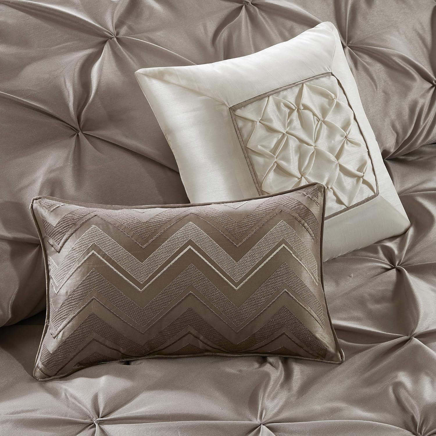 Madison Park Essentials Room in a Bag Faux Silk Comforter Set - Luxe Diamond Tufting All Season Bedding, Matching Curtains, Decorative Pillows, Taupe Cal King(104'x92') 24 Piece