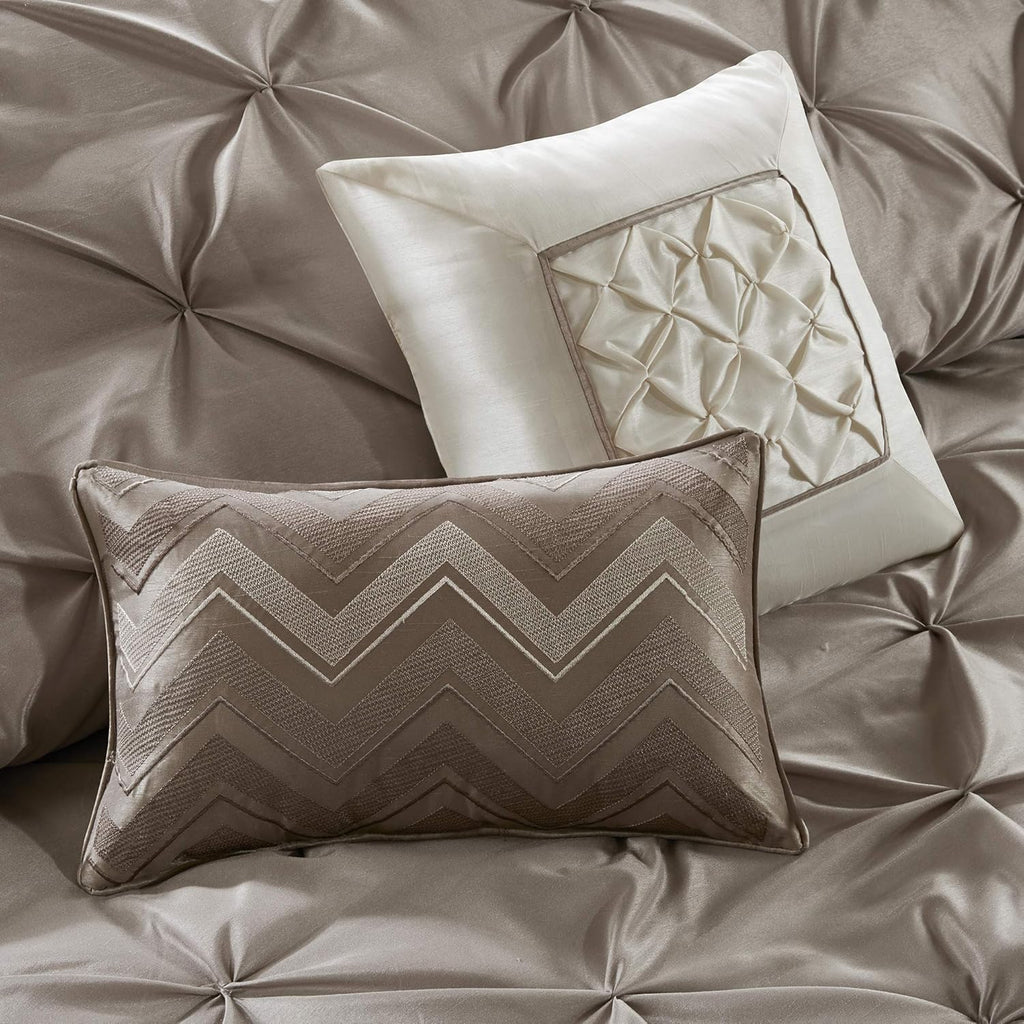 Madison Park Essentials Room in a Bag Faux Silk Comforter Set - Luxe Diamond Tufting All Season Bedding, Matching Curtains, Decorative Pillows, Taupe King(104'x92') 24 Piece