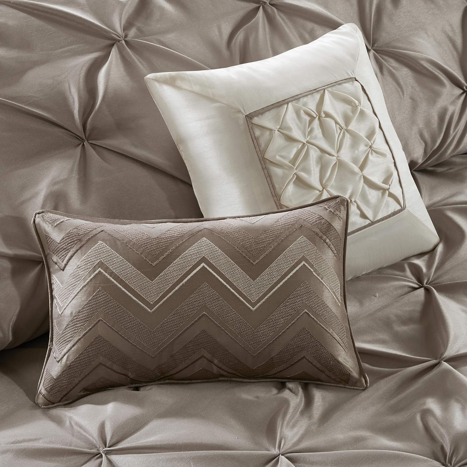 Madison Park Essentials Room in a Bag Faux Silk Comforter Set - Luxe Diamond Tufting All Season Bedding, Matching Curtains, Decorative Pillows, Taupe King(104'x92') 24 Piece