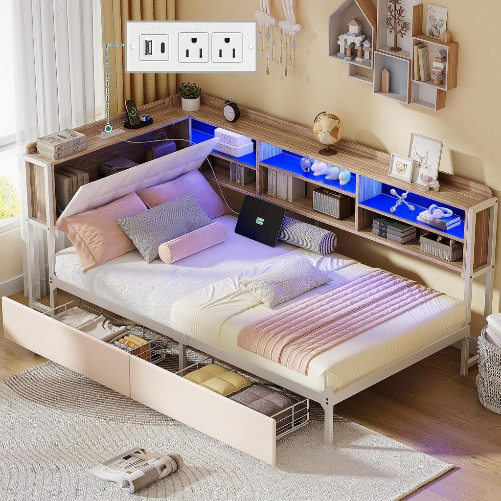 Twin Corner Bed Frame with Storage Drawers and Bookcase & Flip-up Storage Headboard, Twin Size Platform Corner Bed Frame with Charging Station and LED Lights, Twin Daybed for Dorm or Guests, Beige