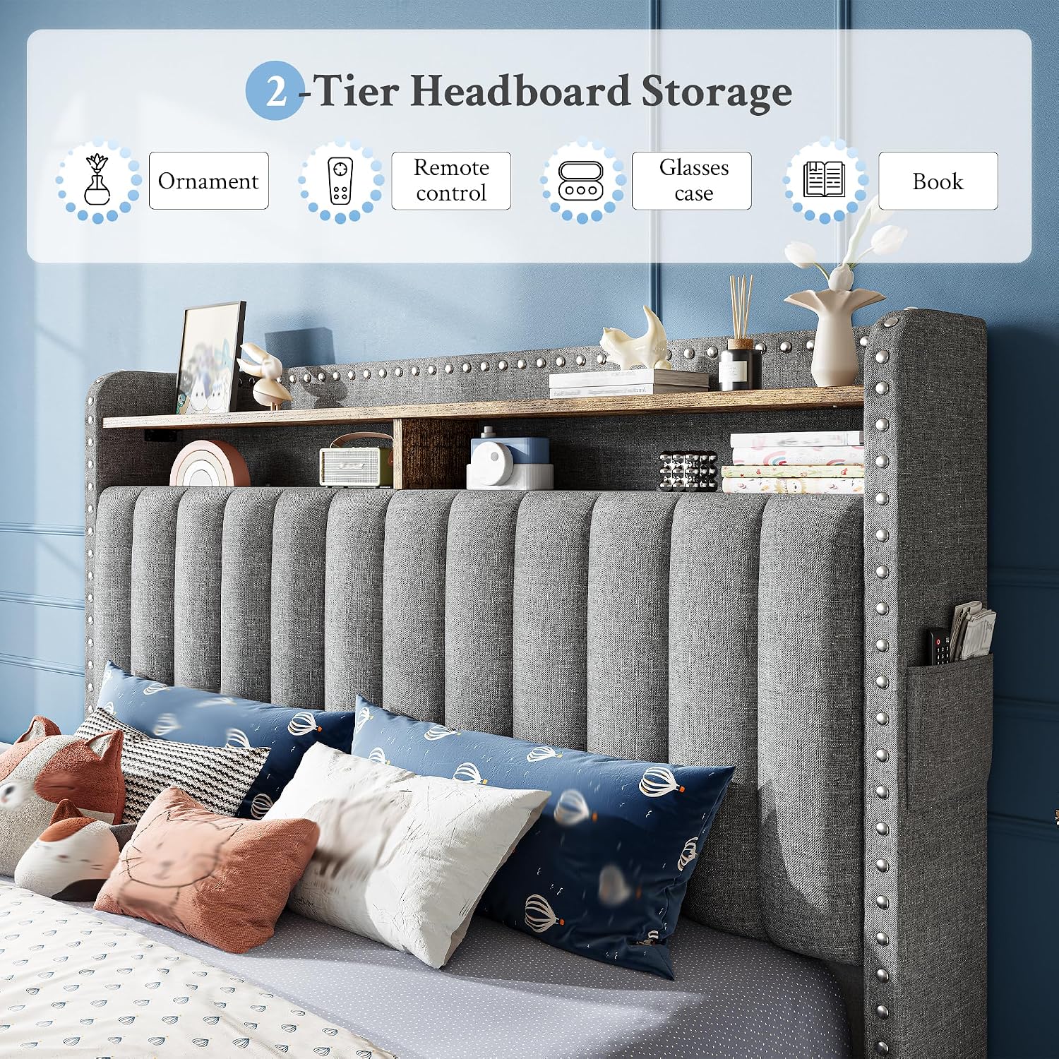 EnHomee Twin Fabric Upholstered Bed Frame with 2-Tier Vertical Channel Tufted Headboard and 2 Storage Drawers, Extra Storage Space for Bedroom Apartment,Grey