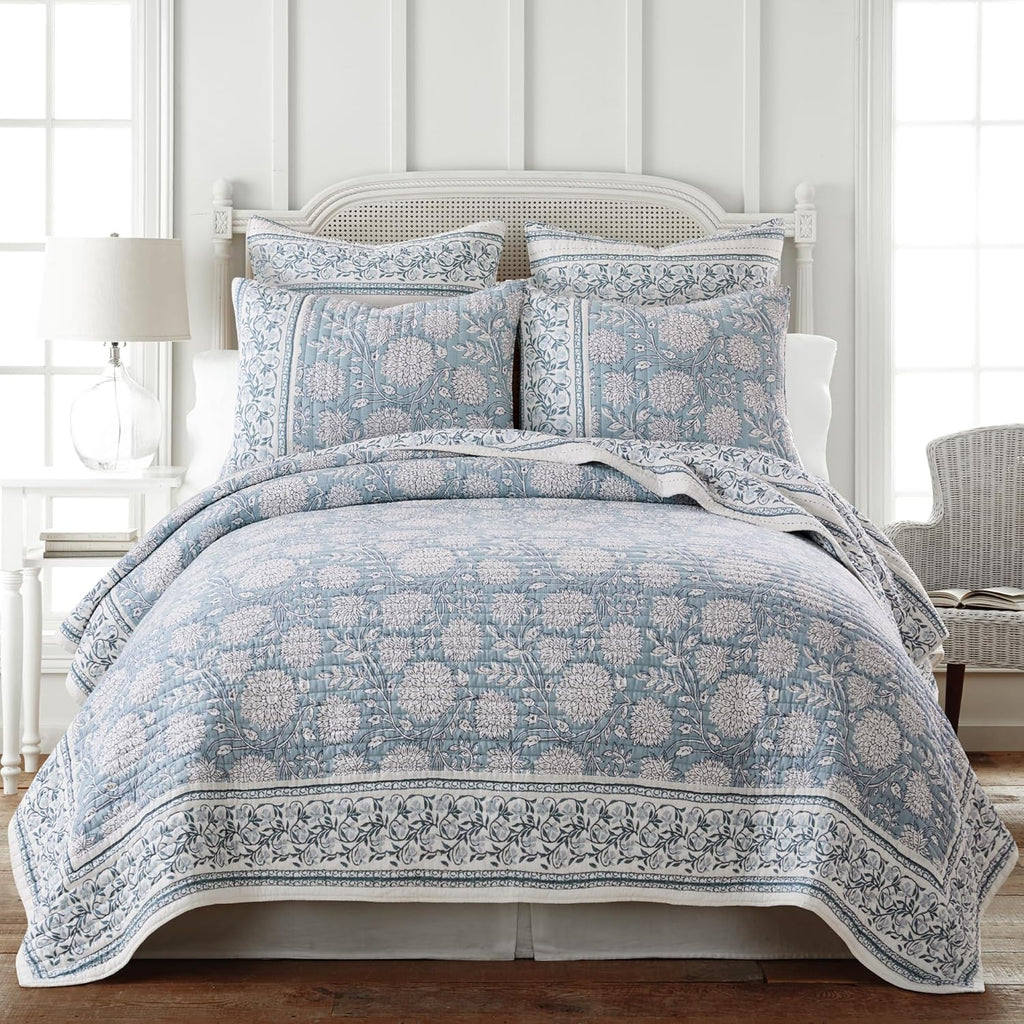 Levtex Home Adare Blue Reversible Full/Queen Quilt Set (88x92in) with 2 Pillow Shams (26x20in) - Floral Bedding - Blue White - Cotton Full/Queen Size Quilt Bedding Set - Lightweight, Soft, Pre-Washed