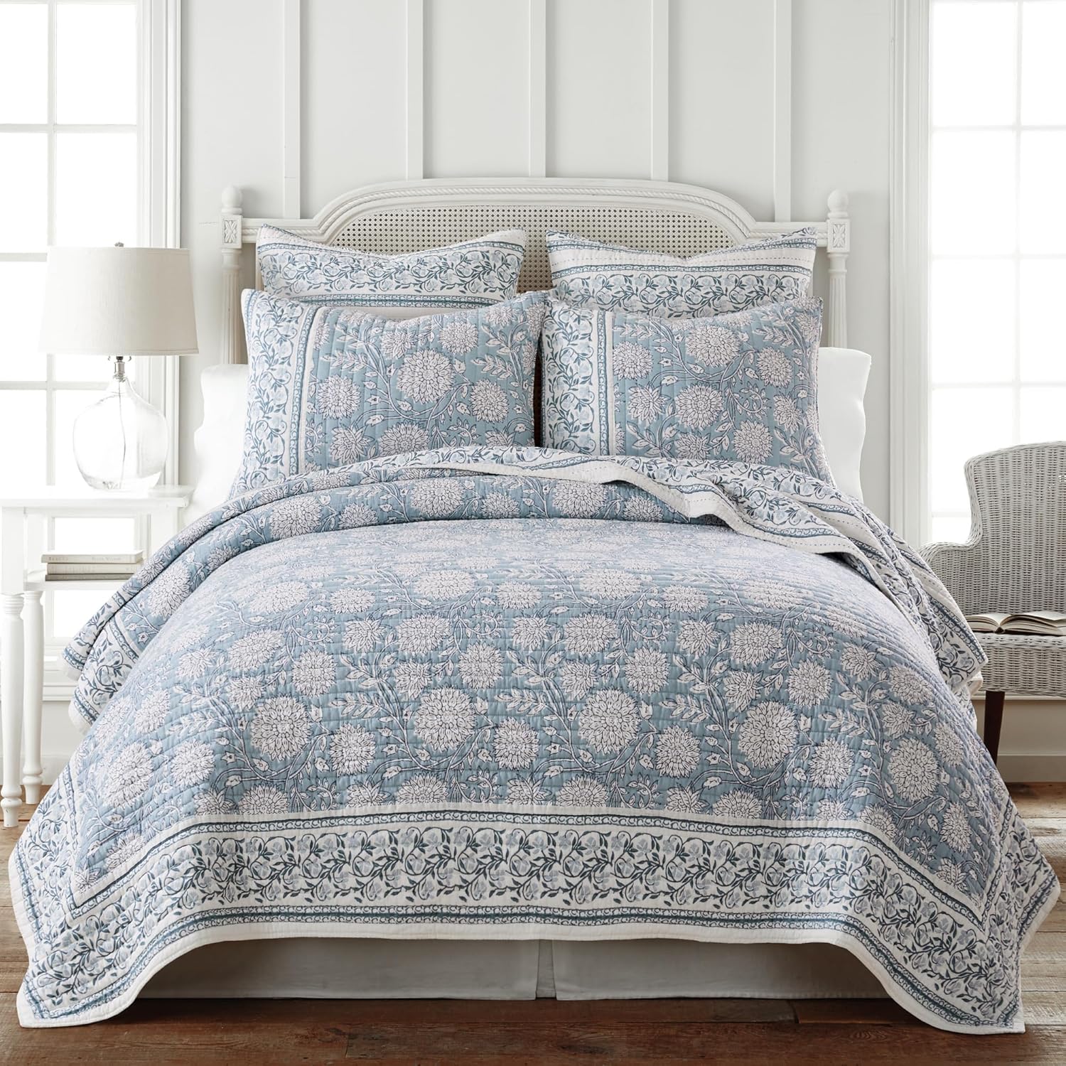 Levtex Home Adare Blue Reversible Full/Queen Quilt Set (88x92in) with 2 Pillow Shams (26x20in) - Floral Bedding - Blue White - Cotton Full/Queen Size Quilt Bedding Set - Lightweight, Soft, Pre-Washed
