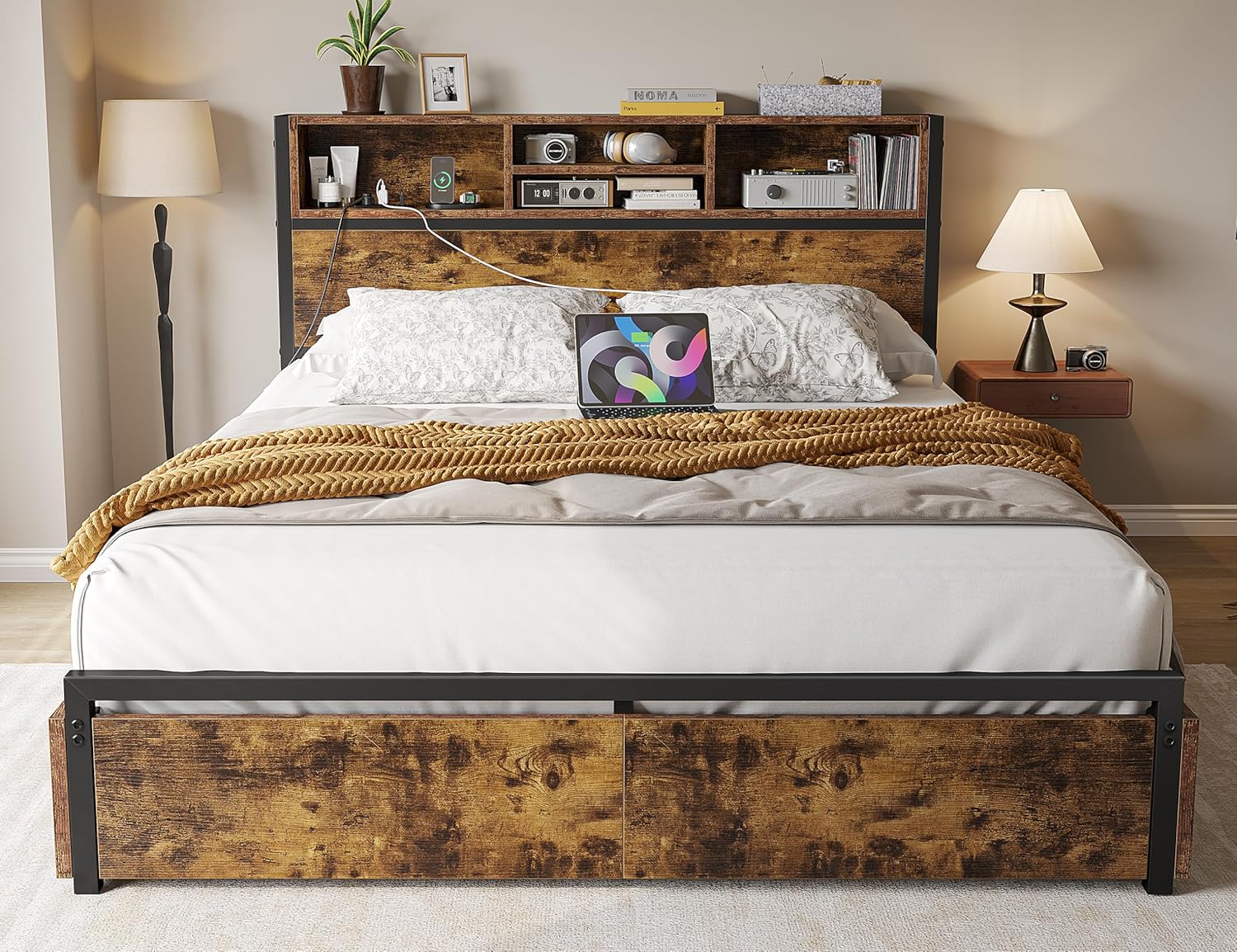 EnHomee Full Size Bed Frame with 6 Storage Drawers, Headboard & Charging Station, Noise-Free Metal Platform Bed, No Box Spring Needed,Vintage Brown