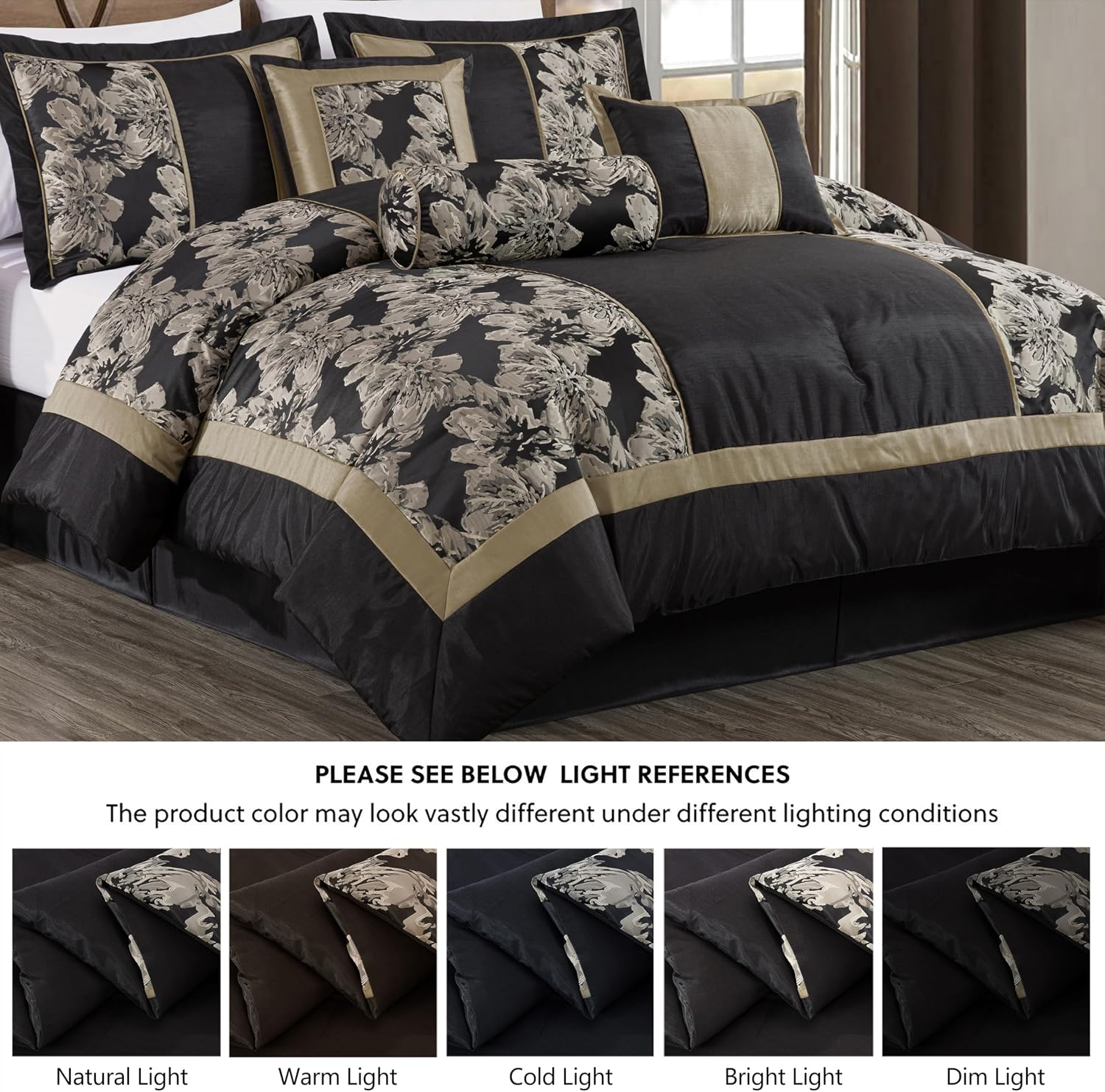 Chezmoi Collection Cameron Comforter Set King Size, 7-Piece Black Gold Hibiscus Floral Jacquard Bedding Set