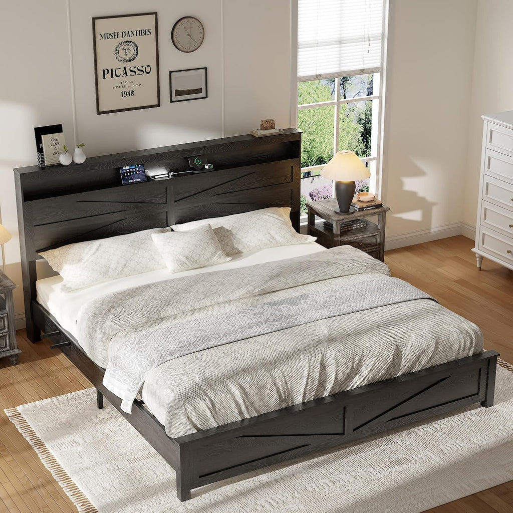 Farmhouse Wooden Bed Frame King Size with Storage Headboard, Boho Platform Bedframe with LED Lights and Charging Station, Metal Slats Support, No Box Spring Needed, Rustic Black