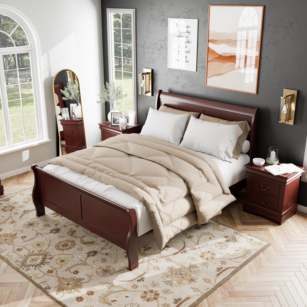Furniture of America Louis Philippe Traditional Solid Wood 3 Piece Bedroom Set, Queen Bed Frame and Nightstands Set of 2, Sleigh Design Bedframe with Headboard and Footboard, Box Spring Needed, Cherry
