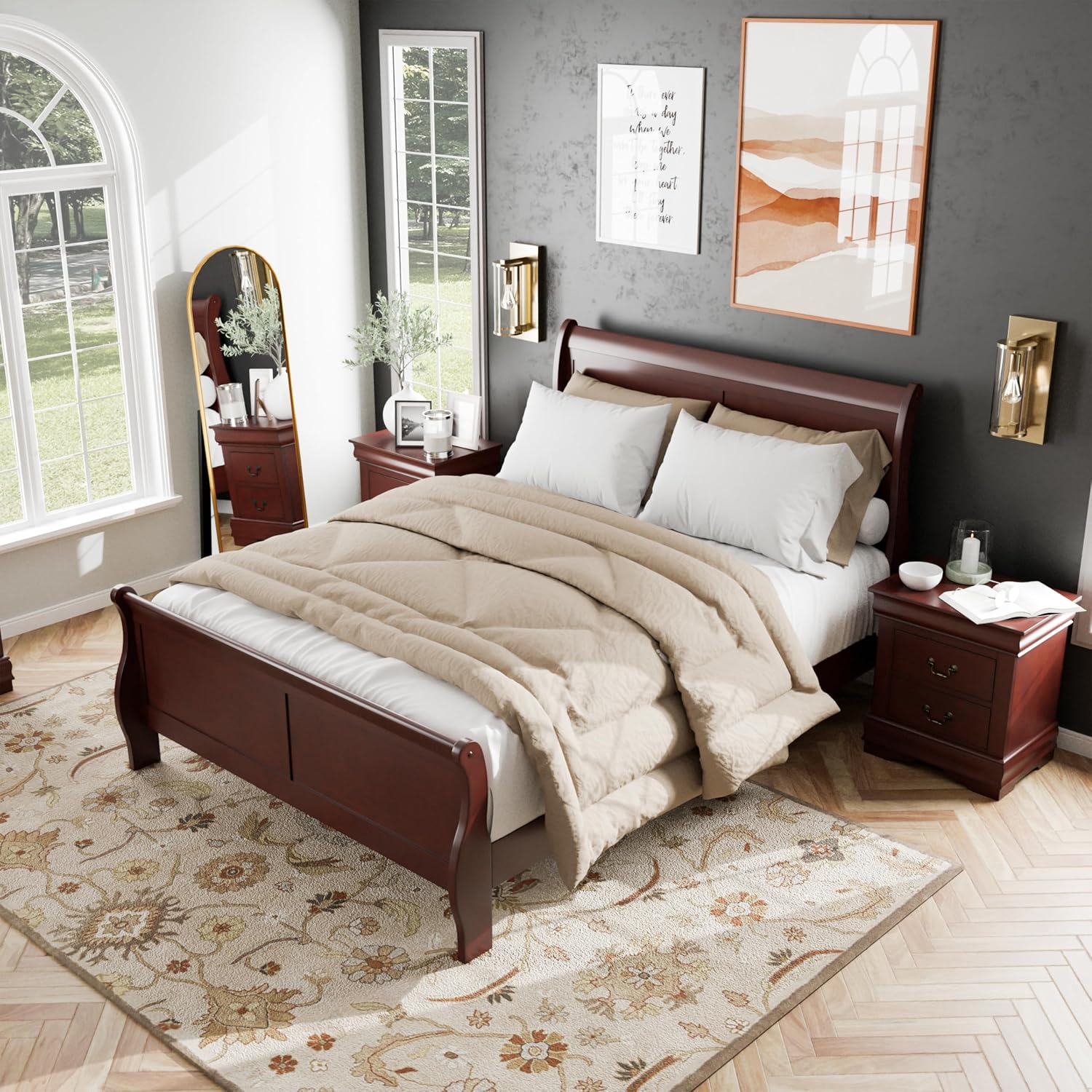 Furniture of America Louis Philippe Traditional Solid Wood 3 Piece Bedroom Set, Queen Bed Frame and Nightstands Set of 2, Sleigh Design Bedframe with Headboard and Footboard, Box Spring Needed, Cherry