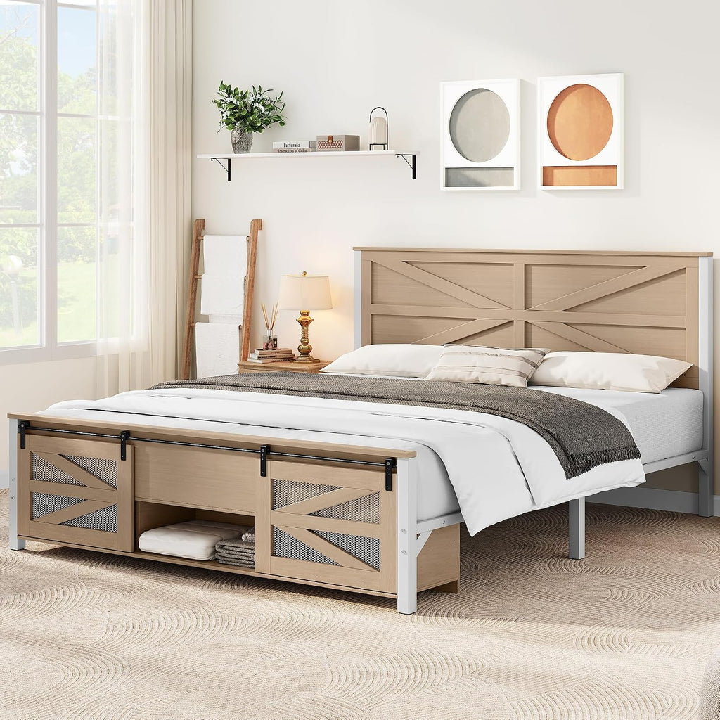 YITAHOME Queen Size Farmhouse Wood Bed Frame with Sliding Barn Door Storage Cabinets and Headboard, Solid Wood Slats Support, Noiseless, No Box Spring Needed, Rustic Brown