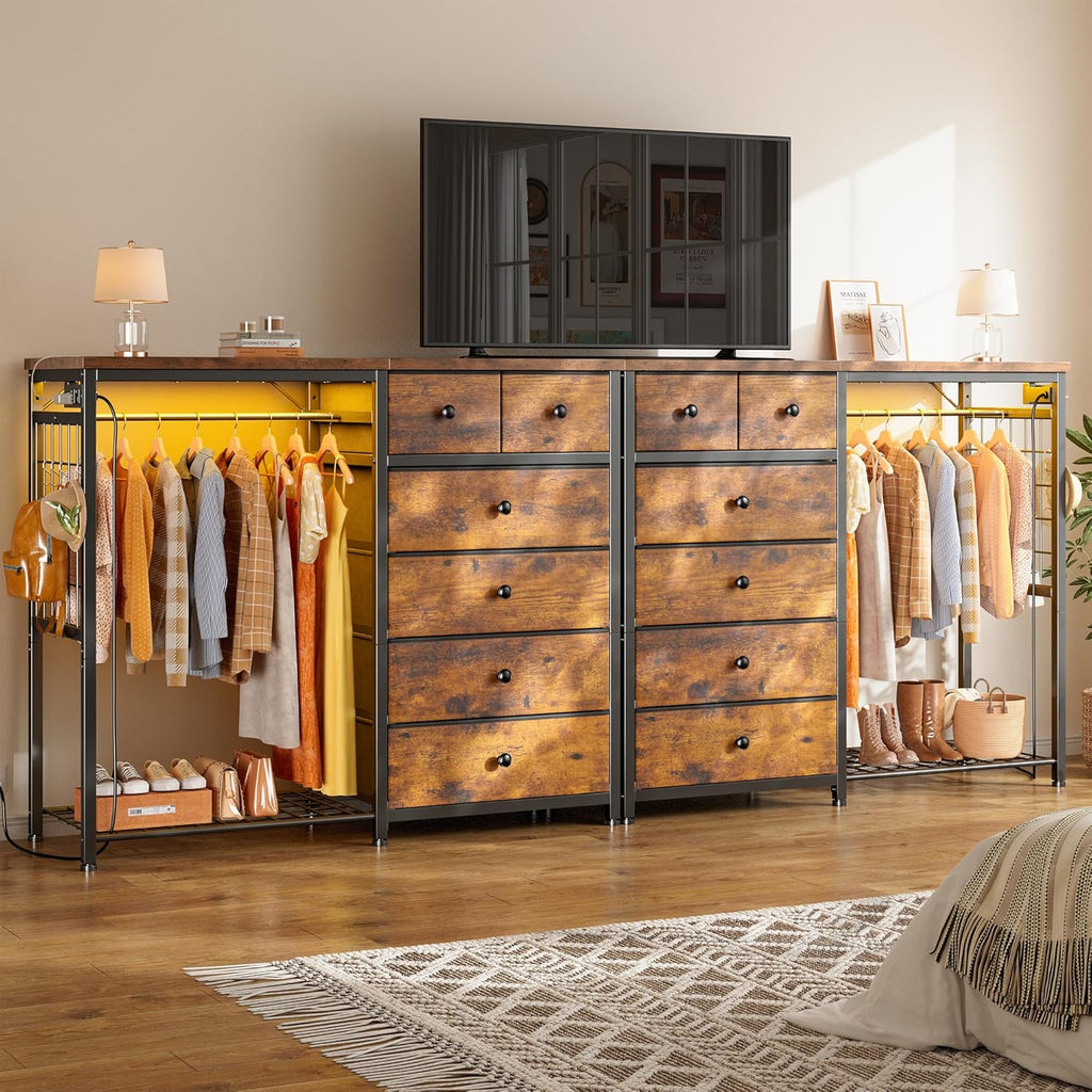 EnHomee 49.2' W Dresser with Hanging Rack & 6 Fabric Drawers – Wooden Top Organize Unit Featuring LED Lights, Charging Station & Grid Panel & Hooks for Bedroom, Rustic Brown