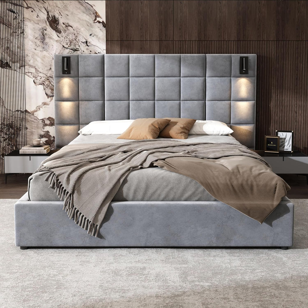 Christopher Knight Home Svens 46' High Headboard Bed, Queen Size Platform Bed Frame, Soft Velvet Bed Frame, Queen Size Headboard, Square Pattern Design with Reading Lamps and USB Ports, Grey