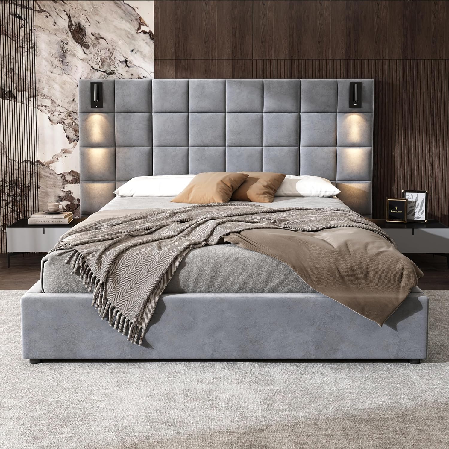 Christopher Knight Home Svens 46' High Headboard Bed, Queen Size Platform Bed Frame, Soft Velvet Bed Frame, Queen Size Headboard, Square Pattern Design with Reading Lamps and USB Ports, Grey