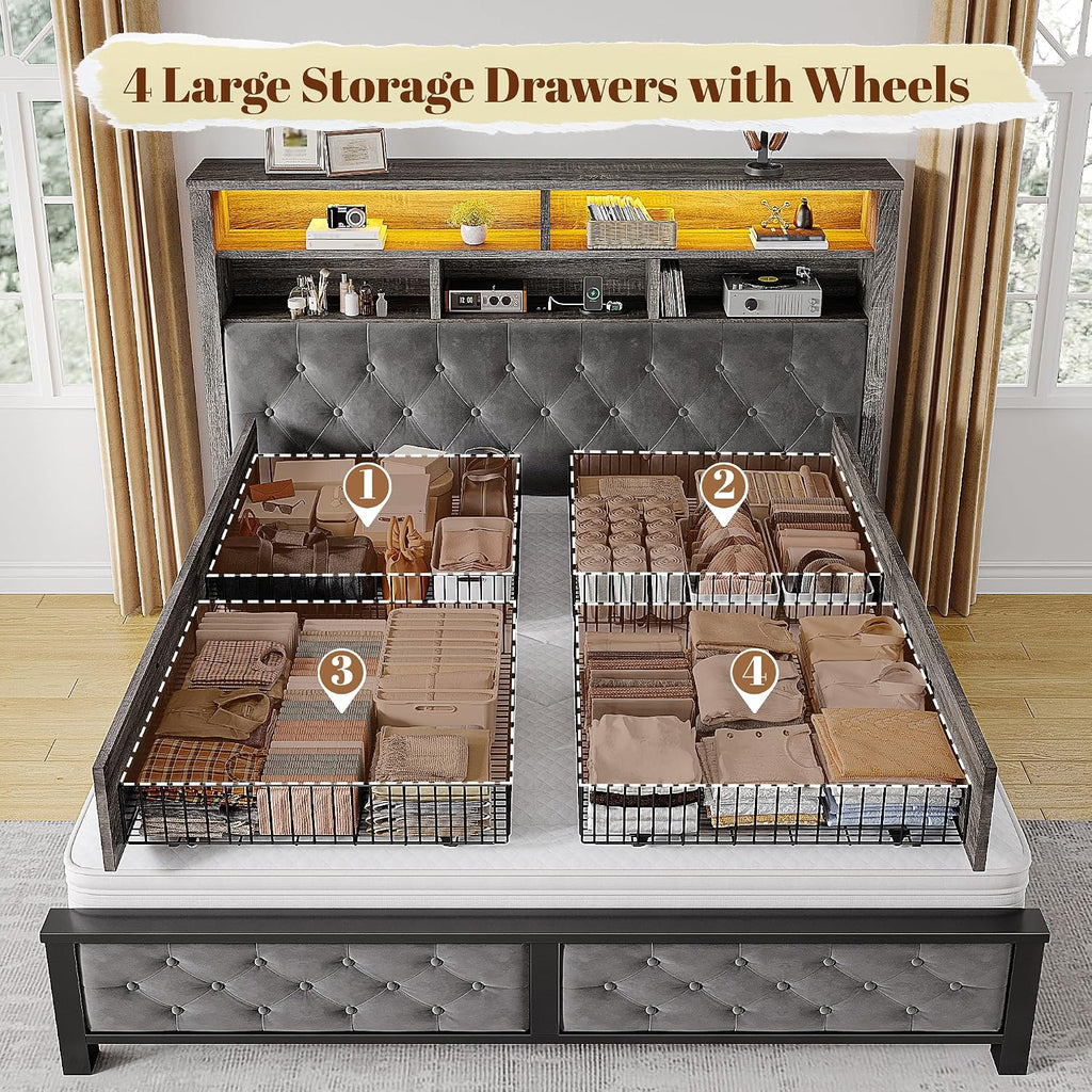 EnHomee Queen Bed Frame with Storage Headboard & 4 Drawers,Wooden Bed Frame Queen Size with Charging Station & LED Lights Upholstered,NO Noise,No Box Spring Needed,Gray
