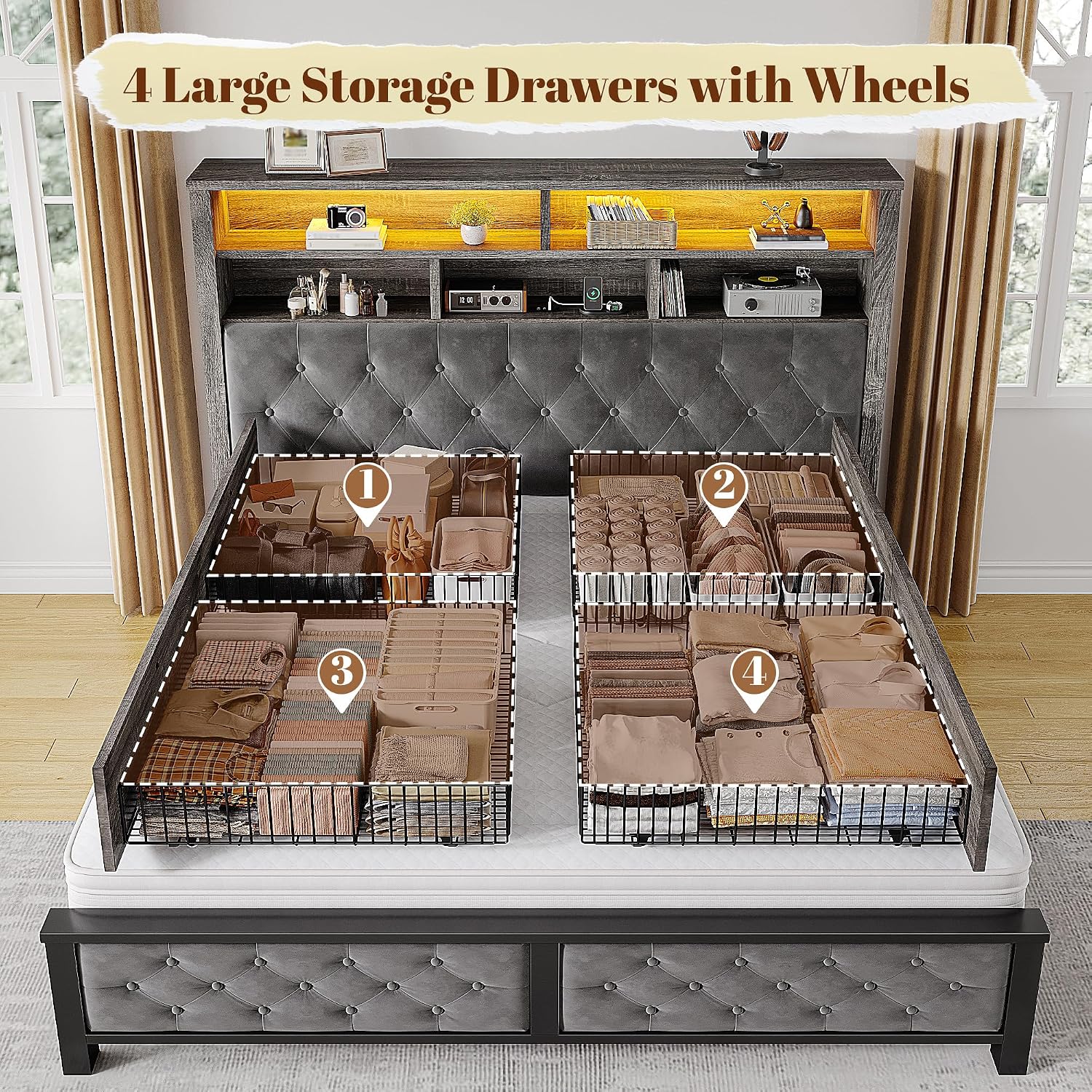 EnHomee Queen Bed Frame with Storage Headboard & 4 Drawers,Wooden Bed Frame Queen Size with Charging Station & LED Lights Upholstered,NO Noise,No Box Spring Needed,Gray