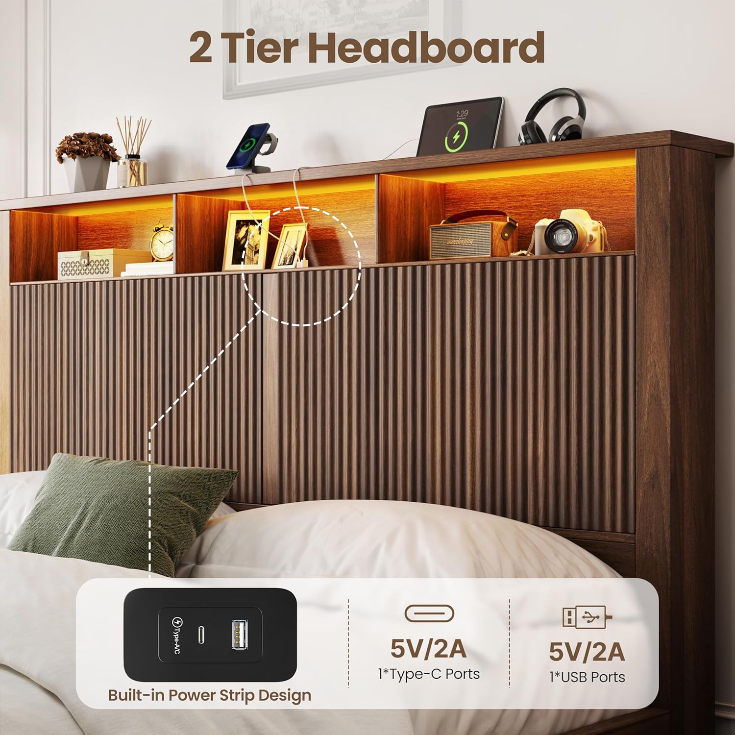 CypBed Full Size Bed Frame with Headboard and Storage Drawer, Full Bed Frame with LED Light and Charging Port, Farmhouse Wavy Design, Wood & Metal Platform, Noise-Free, No Box Spring Needed, Walnut