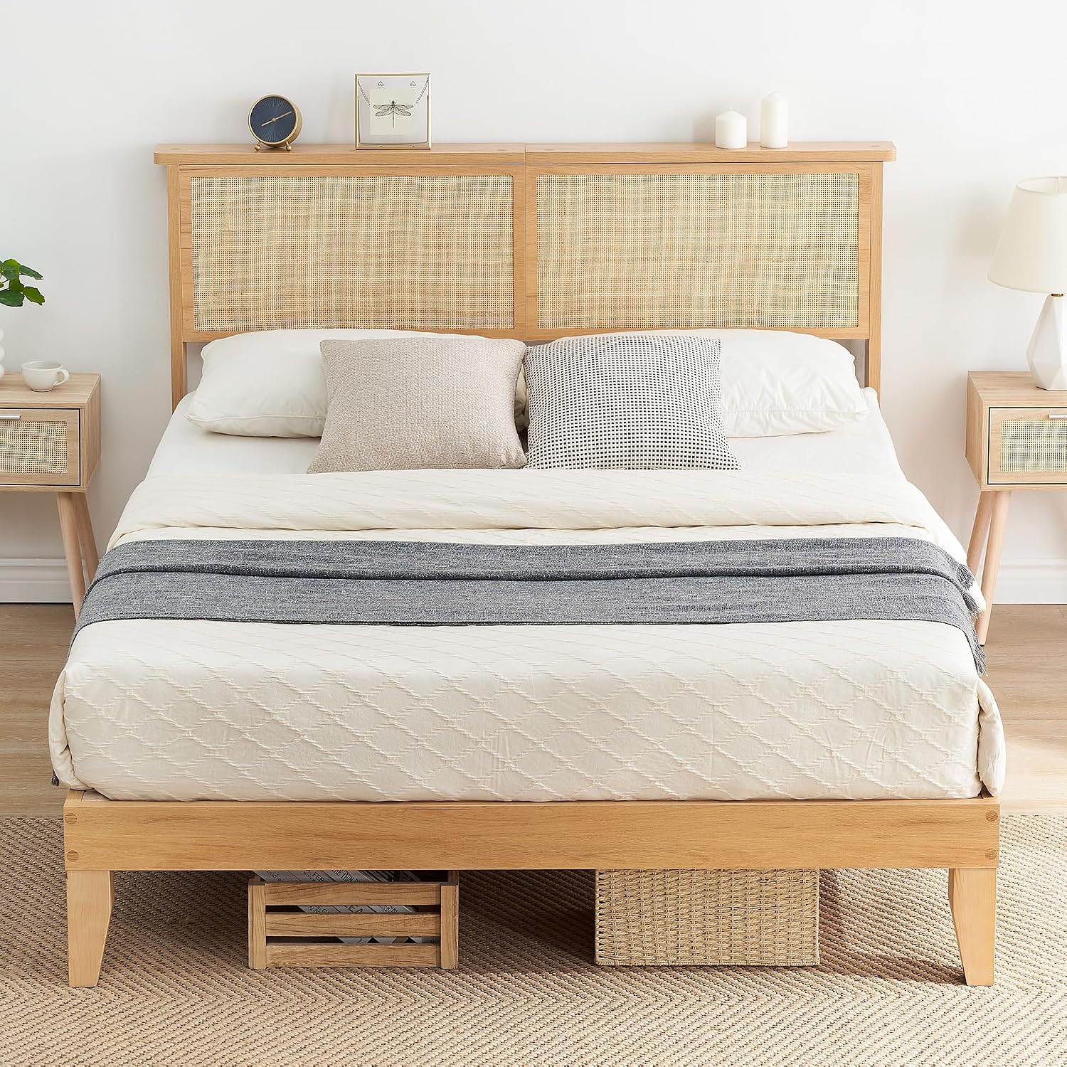 coucheta Rattan Bed Frame Queen with Natural Rattan Headboard,Queen Bed Frame with LED Lights,Rattan Queen Bed Frame with Headboard,Solid Wood Foundation with Silent Slats,No Box Spring Needed(Queen)