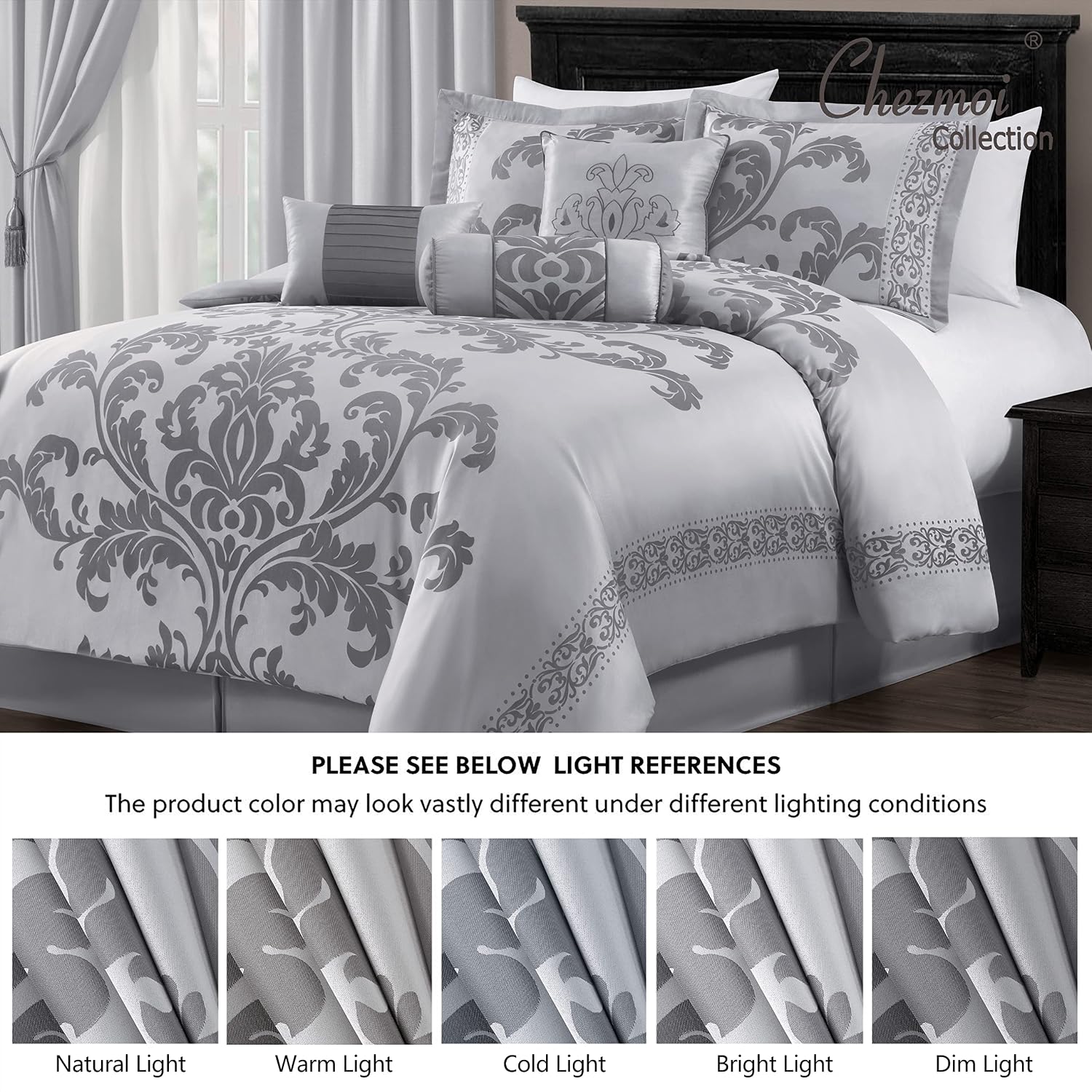 Chezmoi Collection Royale 7-Piece Jacquard Floral Comforter Set, Oversized King, Silver/Gray