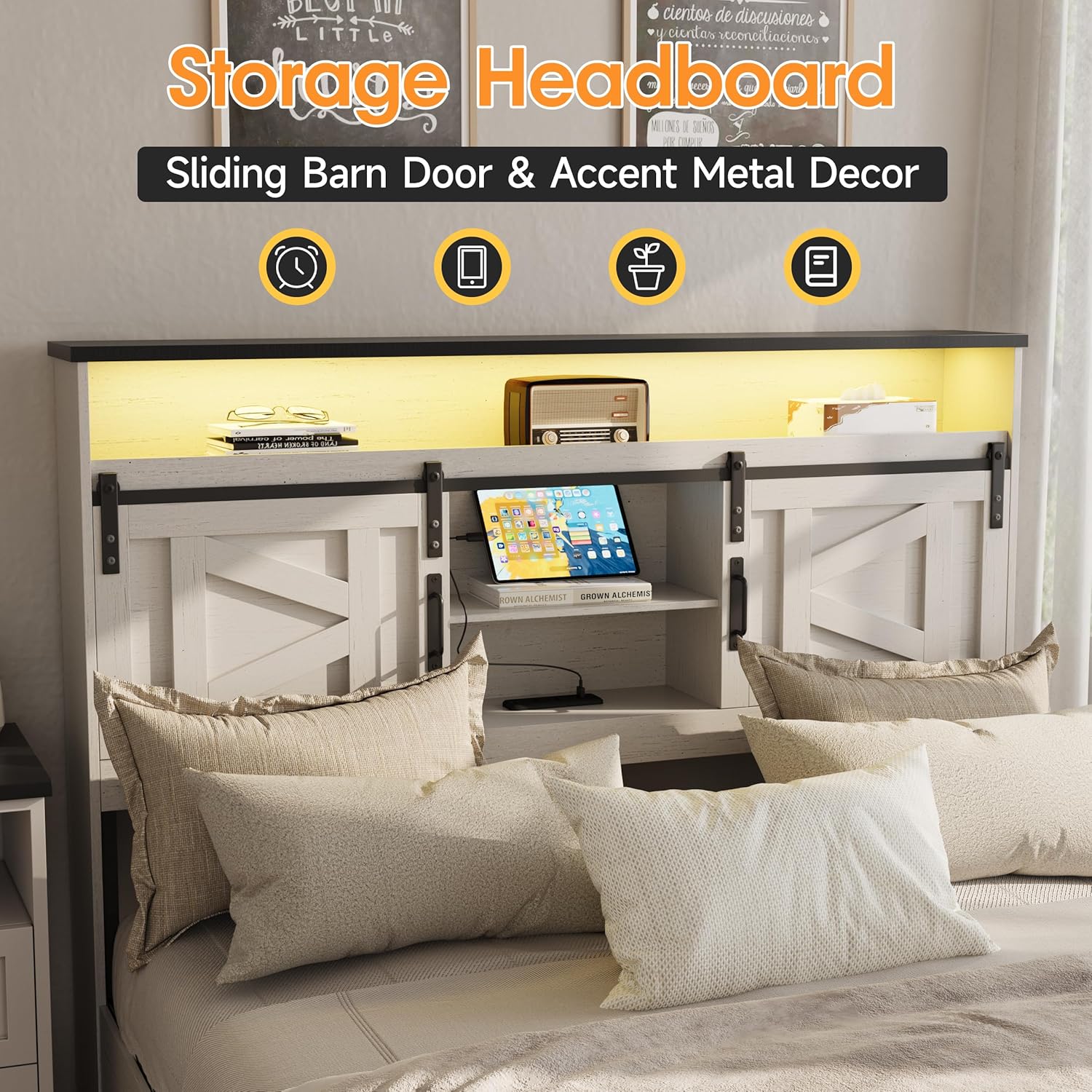 Fameill Farmhouse Full Size Bed Frame with 4 Drawers and Bookcase Headboard, Sliding Barn Door Storage Shelves, LED Lights and Charging Station, No Box Spring Needed, Antique White